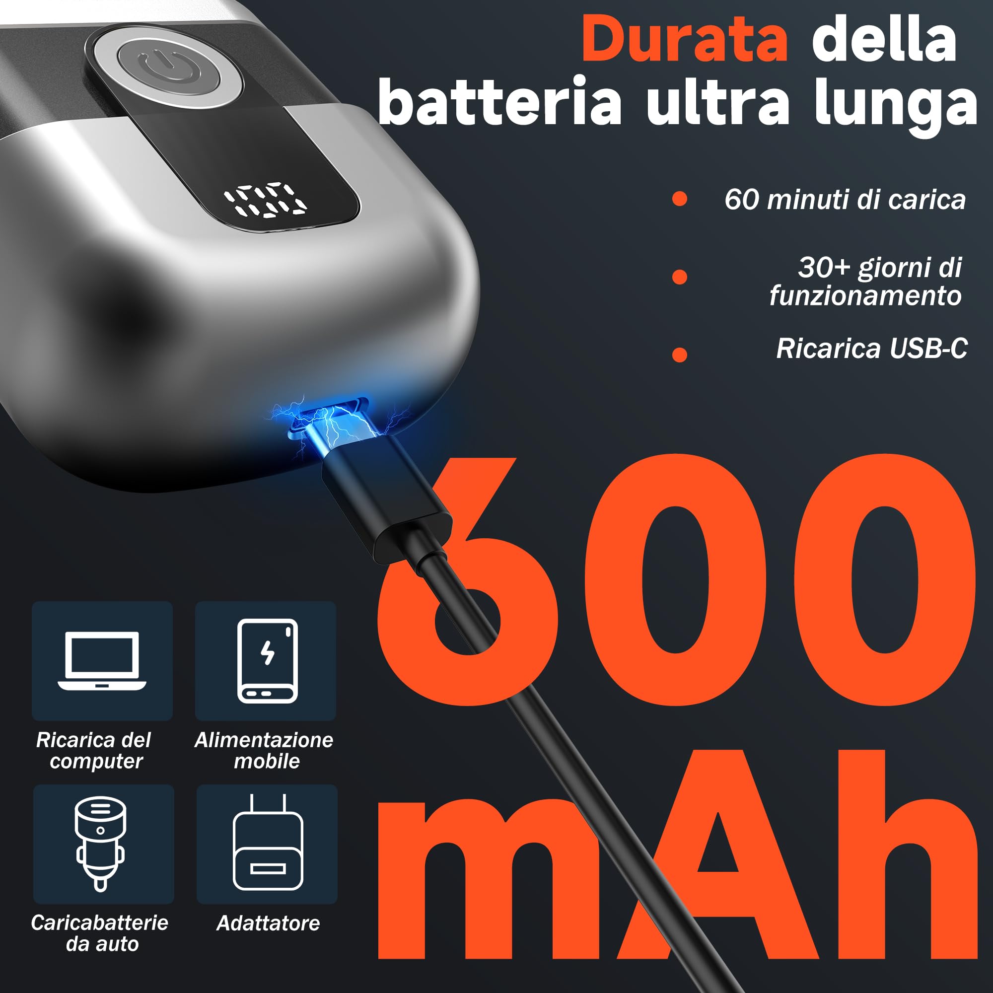 Mini Rasoio Elettrico Barba con Display LED, Rasoio Elettrico Uomo Impermeabile IPX6, Portatile Silenzioso e Lavabile, Grigio