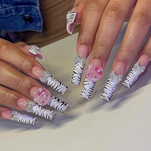 Uñas postizas a presión con estampado de leopardo, lindas uñas postizas con dijes, uñas largas de ataúd, uñas postizas de cobertura completa para
