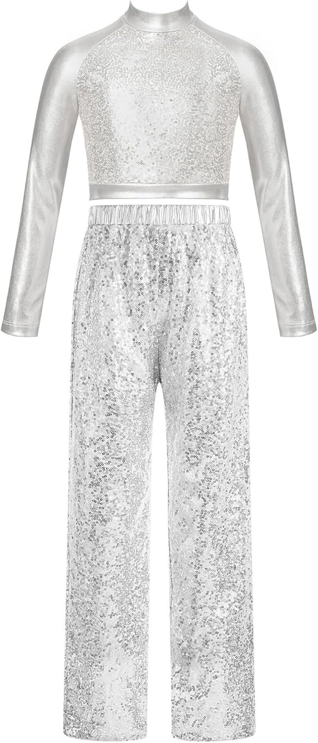 Agoky Kids Girls Sequins Long Sleeve Crop Top Pants Set for Hip-hop Street Ballet Performance Dance Costume