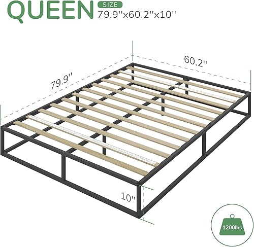 Miniatura 2 de Novilla Marco de cama de plataforma de metal, soporte de listones de madera, no necesita somier, fácil montaje, negro, tamaño Queen
