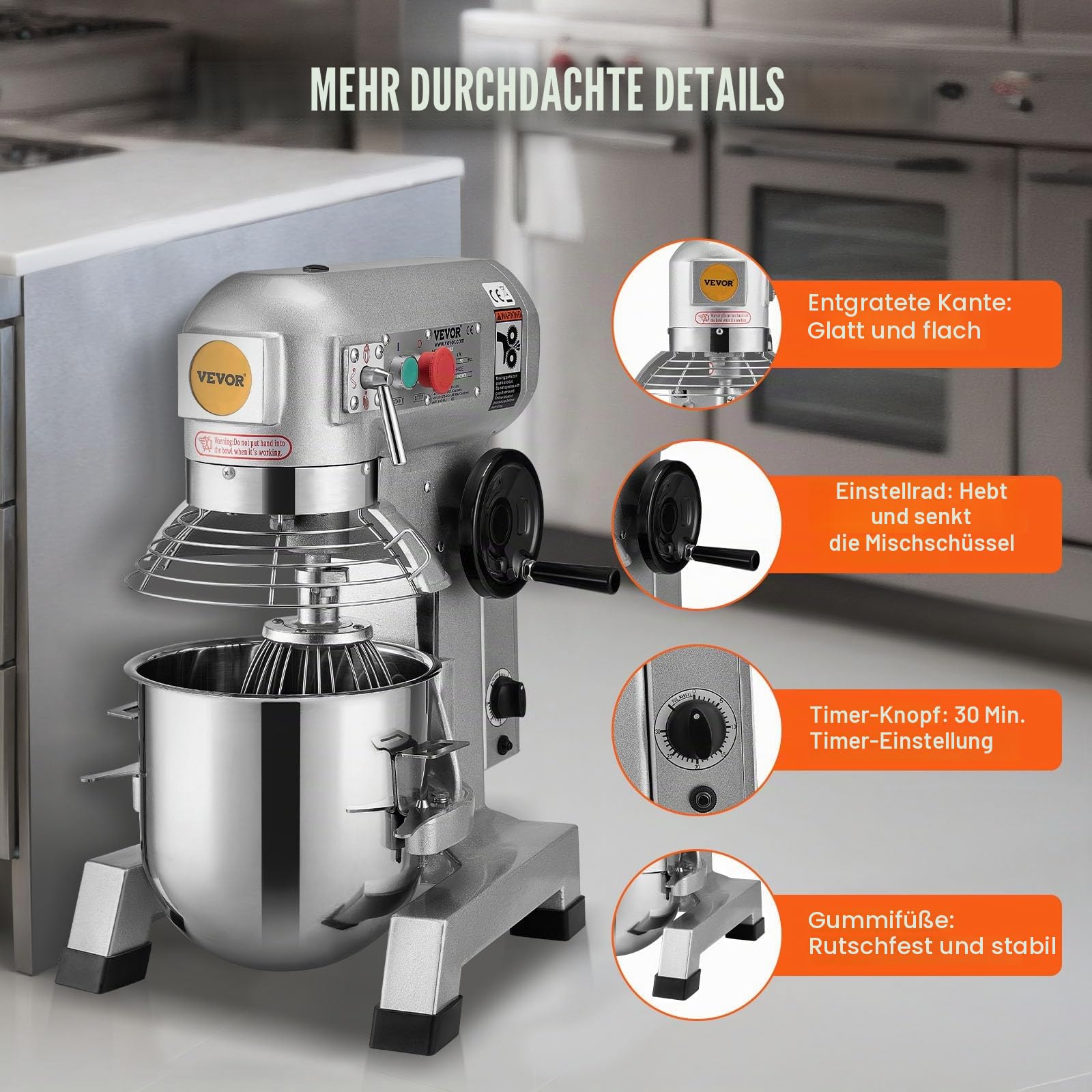 VEVOR Kommerzieller Küchenmixer, 18,7 L kommerzieller Standmixer mit 3 einstellbaren Drehzahlen, 1100 W Teigmixer mit Edelstahlschüssel und 3 Mixaufsätzen, ideal für Restaurant, Bäckerei, Konditorei