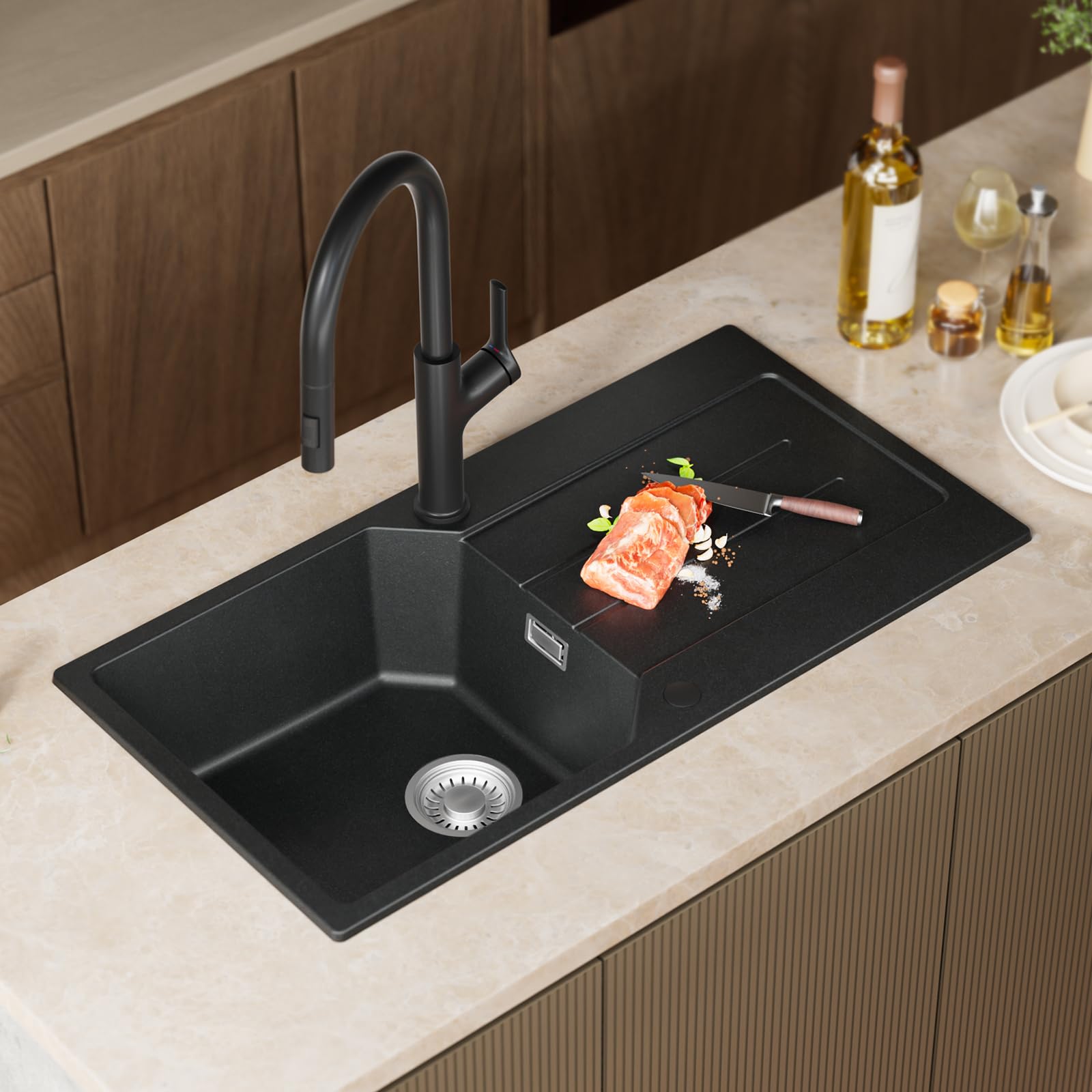 Fregadero ANYCEE Negro 86 por 45 Escurridor Set Mueble 50 cm Grifo Extensible Ducha