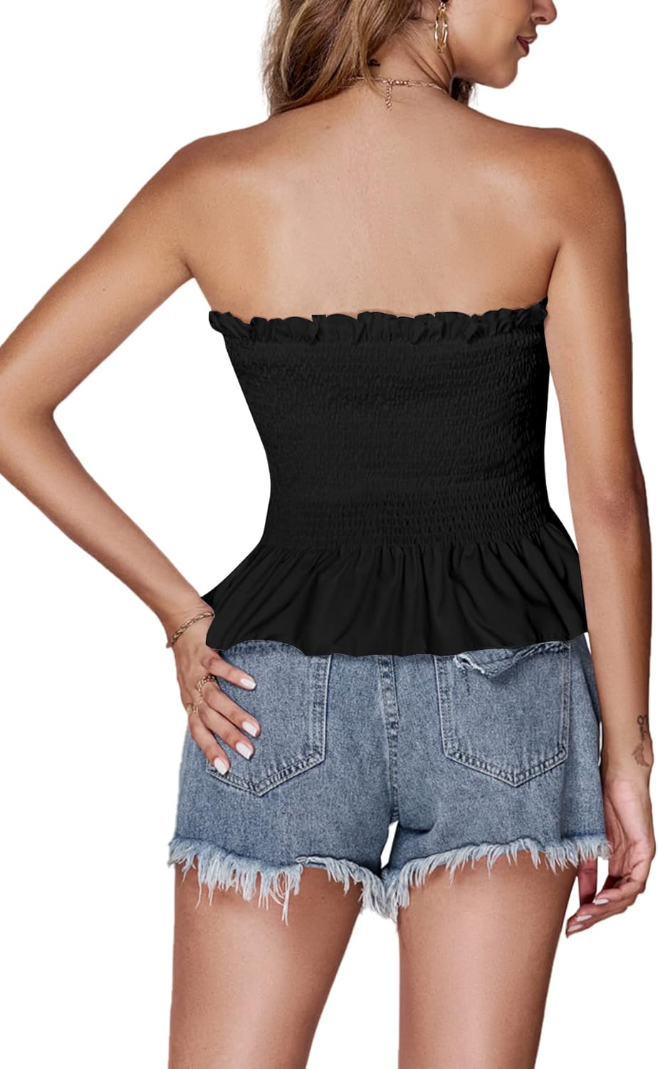 LYANER Women's Frill Shirred Ruffle Hem Strapless Tube Top Sleeveless Pleated Peplum Bandeau Blouse - Image 2