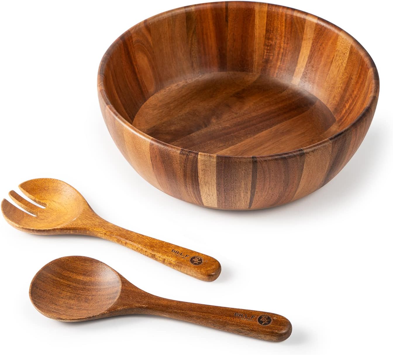 BILL.F Wooden Serving Bowl,12" Acacia Wood Large Salad Bowl Set with Salad Spoon and Fork for Fruits, Salads, Pasta