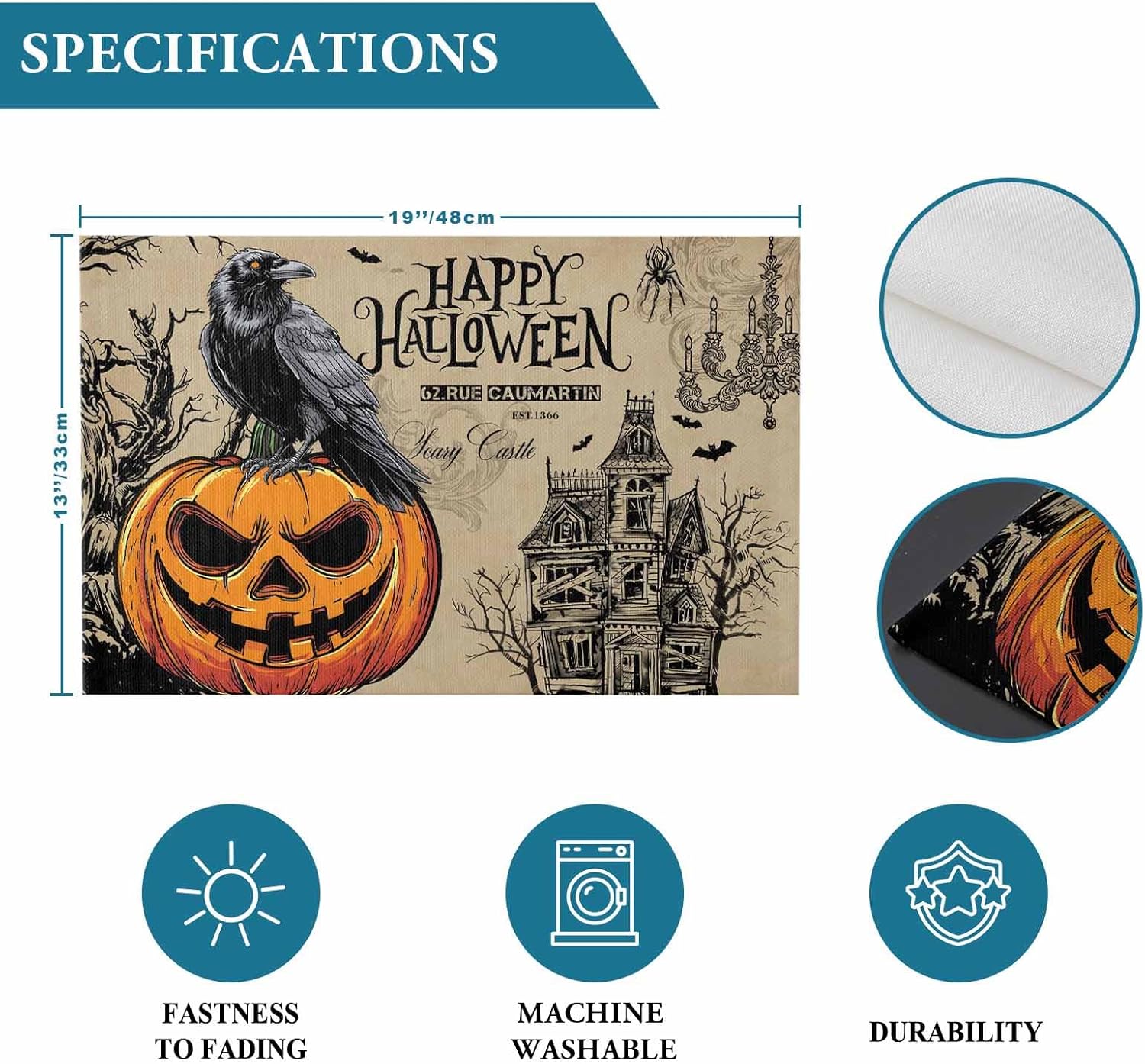 Halloween Placemat Pumpkin Crow Place Mats for Dining Room Vintage Haunted House Tree Holiday Washable Table Mats for Kitchen Dining Decor Anniversary Set of 12