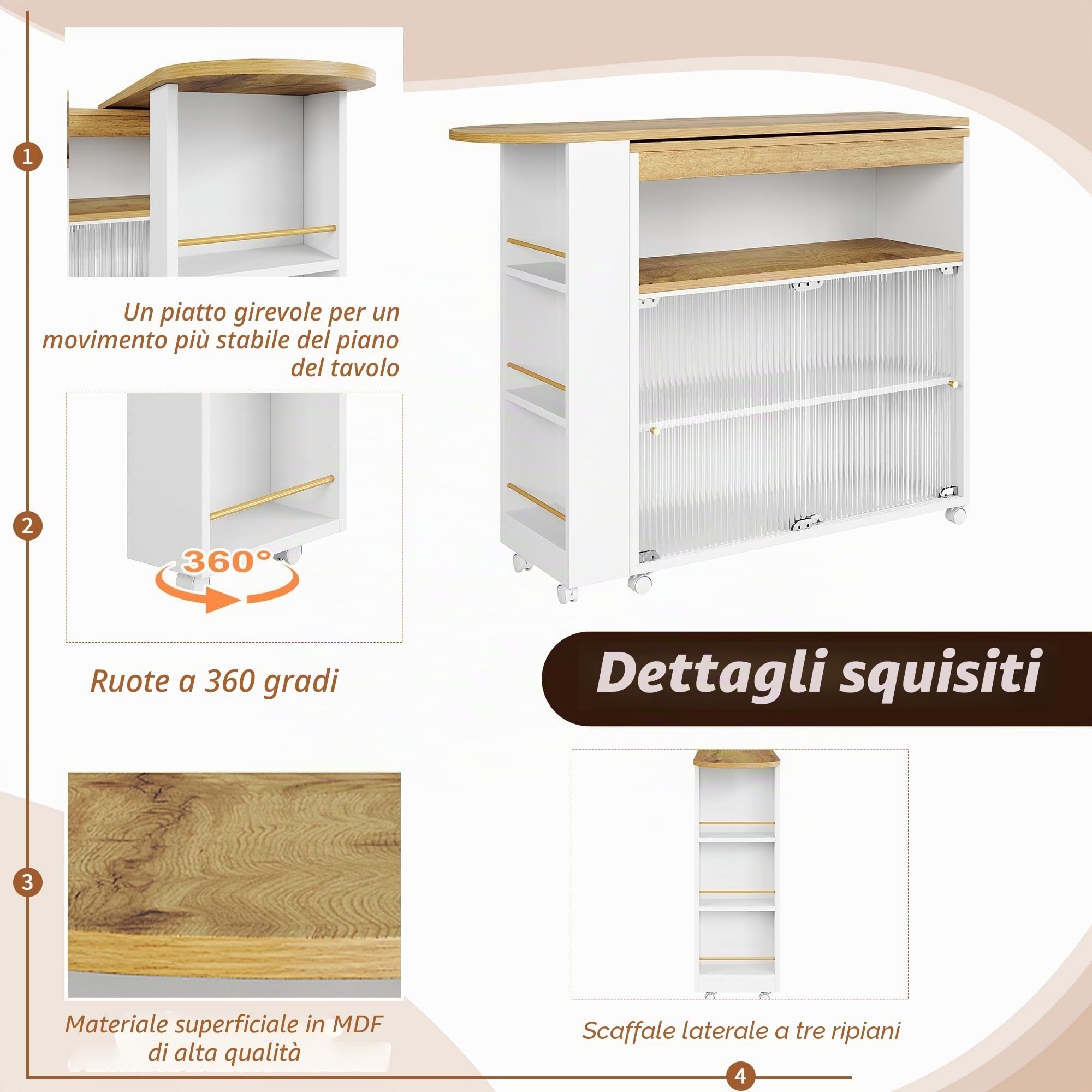 Tavolo da Bar Moderno e Mobile Con Spazio di Archiviazione, Telescopico Con LED, Bistrot da Cucina, Grande Capacità, 138-204 x 39 x 105 cm