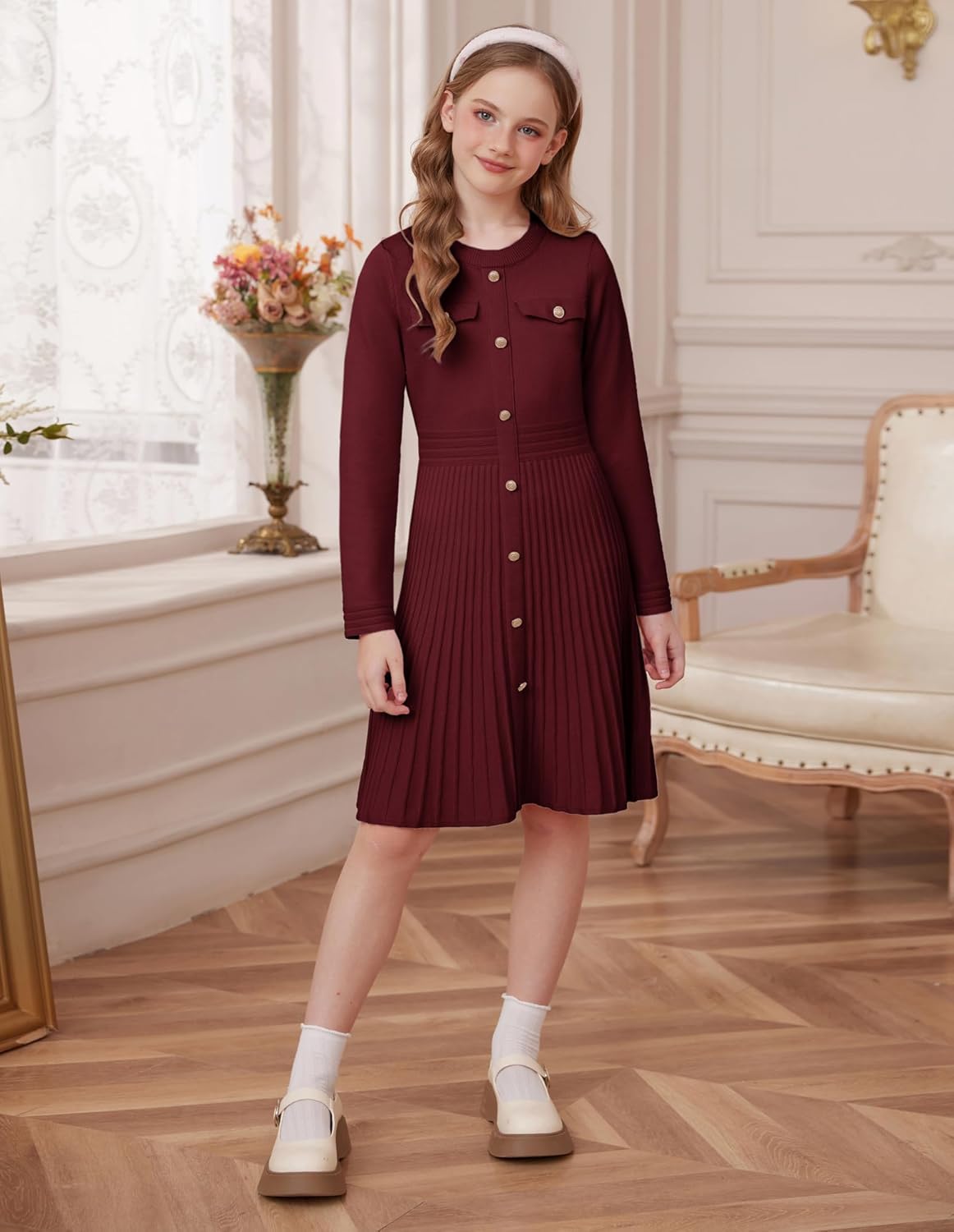 GRACE KARIN Girls Sweater Fall Dress Long Sleeve Knit Button Front Pleated A-Line Casual Winter Midi Dresses 5-14Y - Image 6