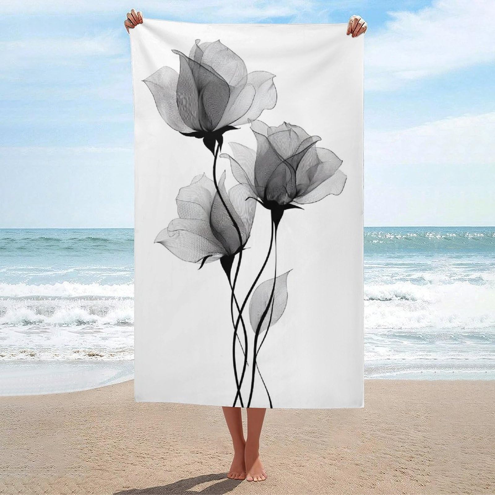 asbwuo Three Roses Silhouettes Floral Art Beach Towel