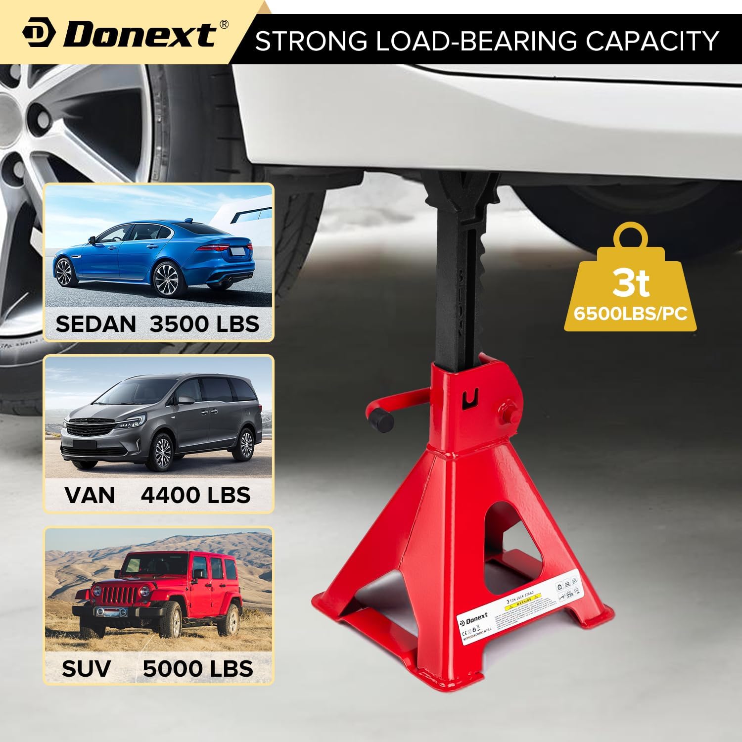 Donext Jack Stands 3 Ton (6,500 lb) Capacity Steel, 1 Pair Red Lifting Stand Adjustable Jack Stands