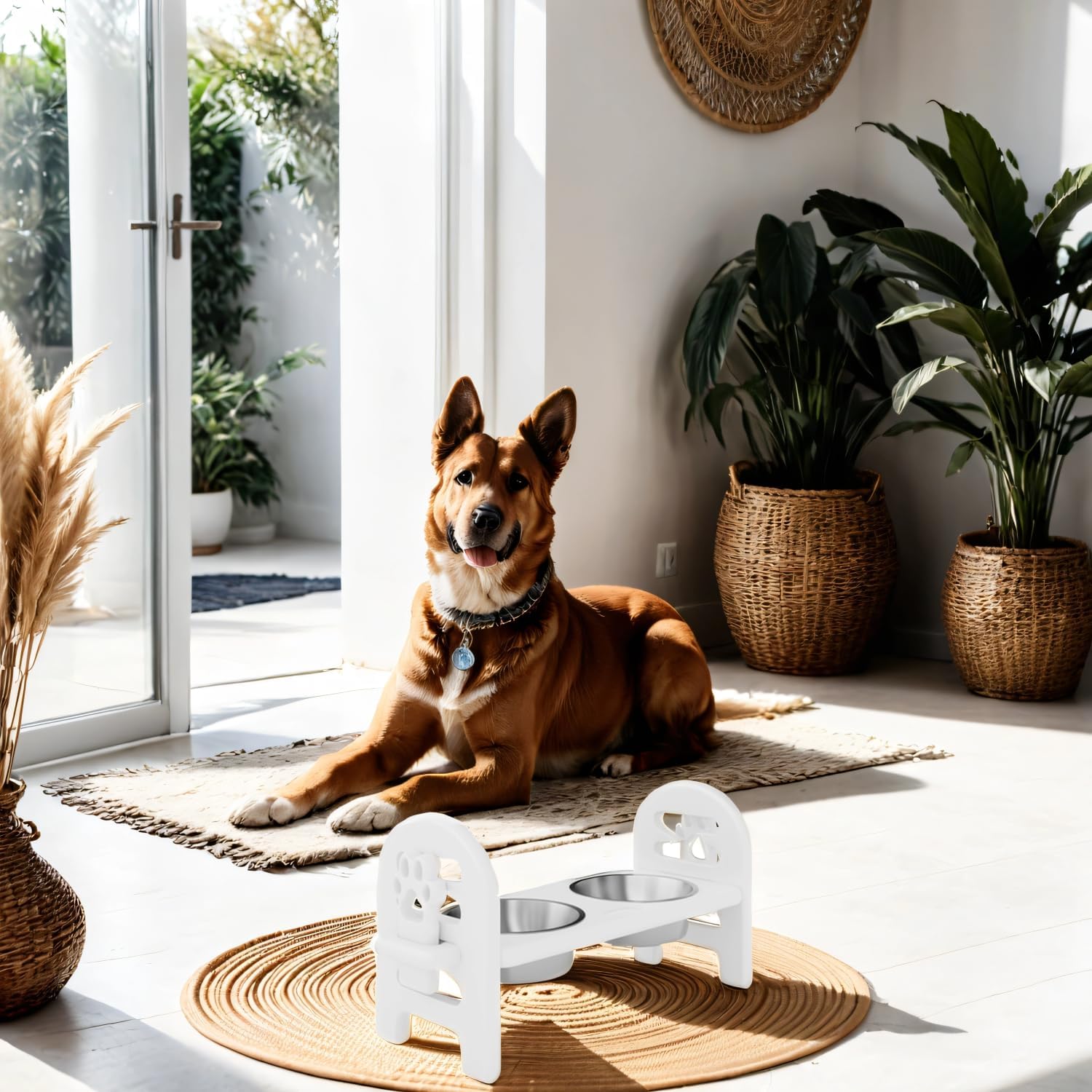 White Adjustable Pet Bowl - HDPE Poly Lumber Recycled - Adjustable Heights - Travel Ready - Easy to Pack and Travel - Pampered Pets