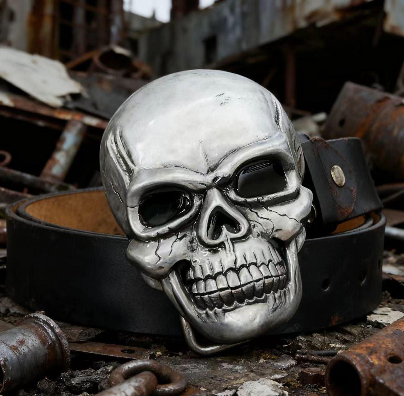 Men's Skull Head Buckle Leather Belt Waist Band, Jeans Decorative Punk Belt - Image 4