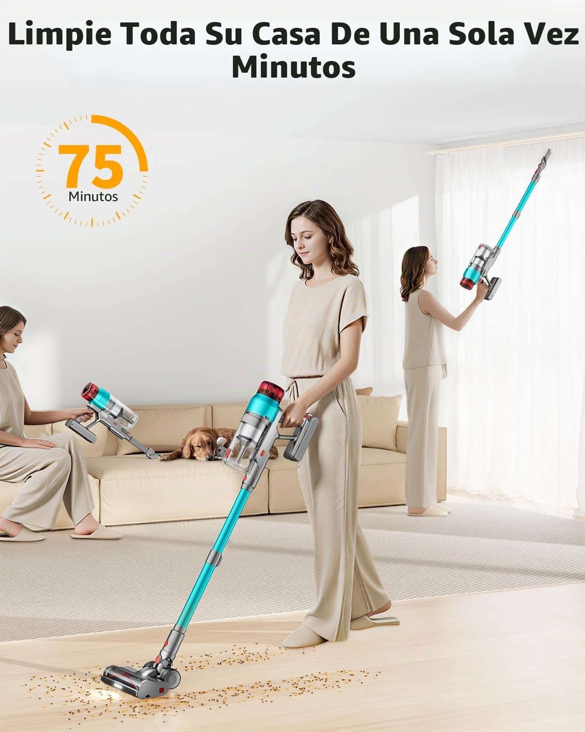 60KPa/600W Aspiradora sin Cable, Aspiradora Fregadora Sin Cable Potente hasta 75Mins, con Carga de Pared Smart Screen, Cepillo Antienredos, Alfombra Pelo Mascota Suelo Sofá (Morado) (Verde) (Verde)