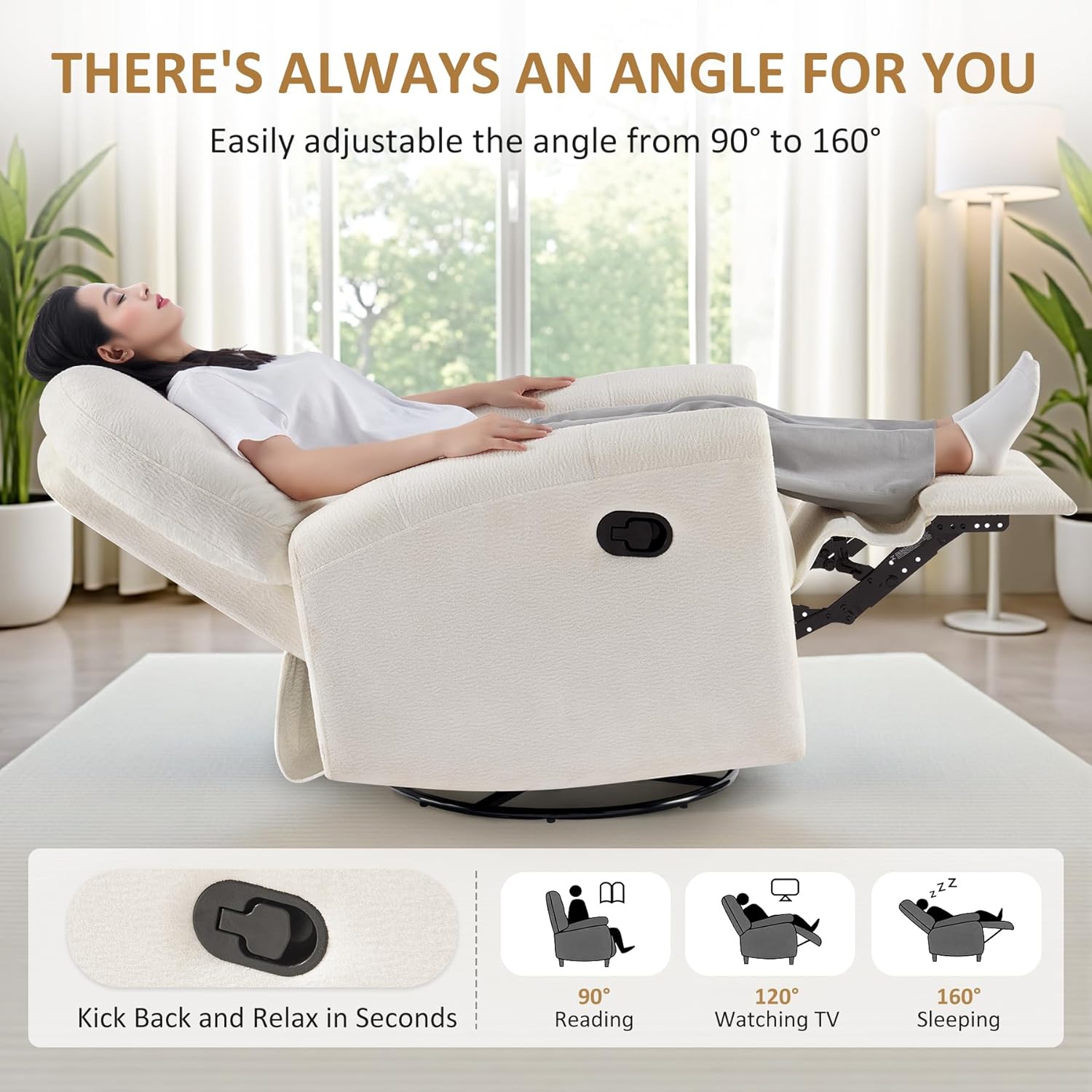 VANOMi 360 Swivel Rocker Recliner Chair, Nursery Rocking Chair with Tufted Backrest, Manual Recliner Chairs for Small Spaces, Upholstered Glider Nursing Chair for Living Room, Bedroom (White)