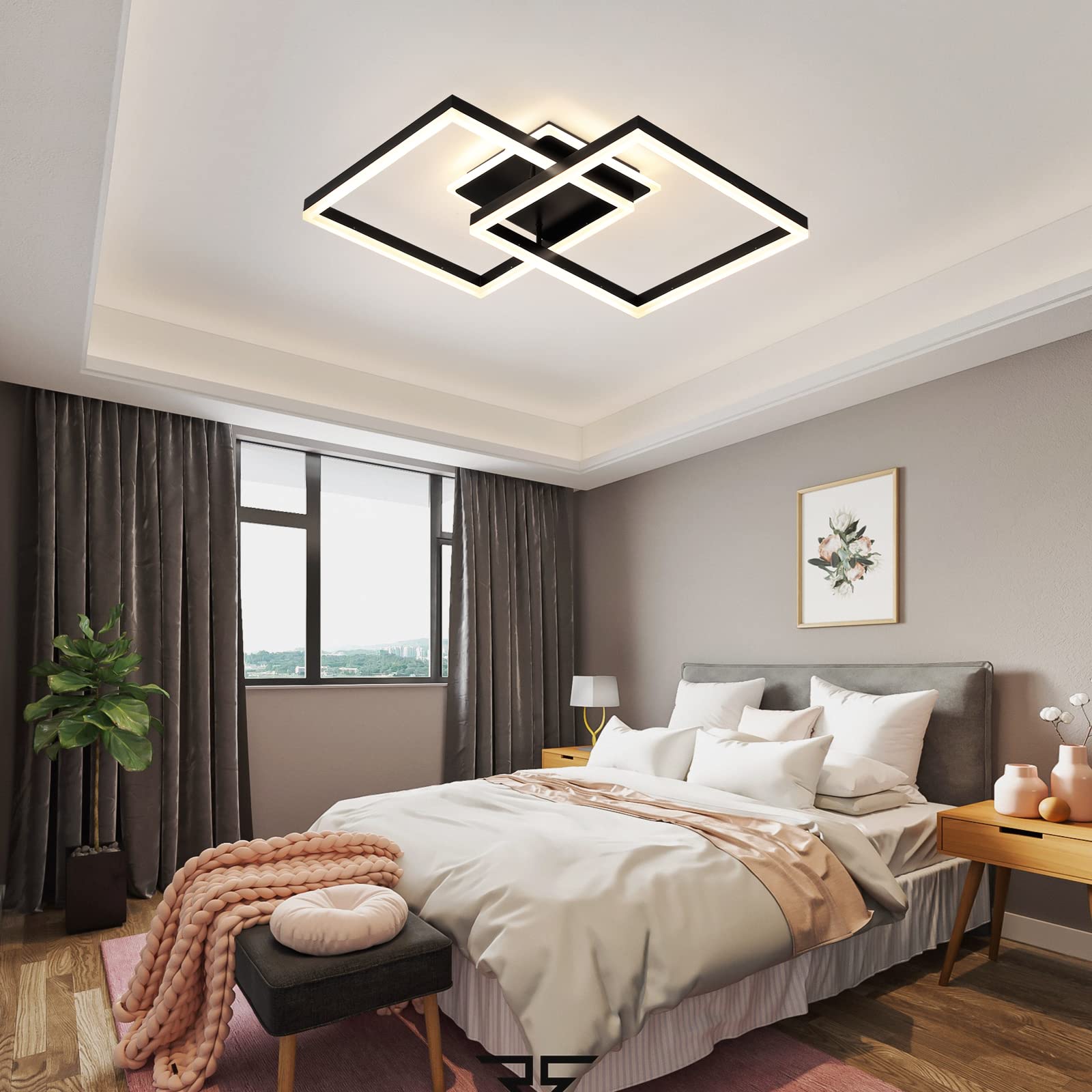 Becailyer Modern LED Ceiling Light, Dimmable 2 Squares Ceiling Lamp Fixture with Remote, Acrylic Metal Flush Mount Ceiling Chandelier Lighting for Living Room Bedroom (40W, Black)