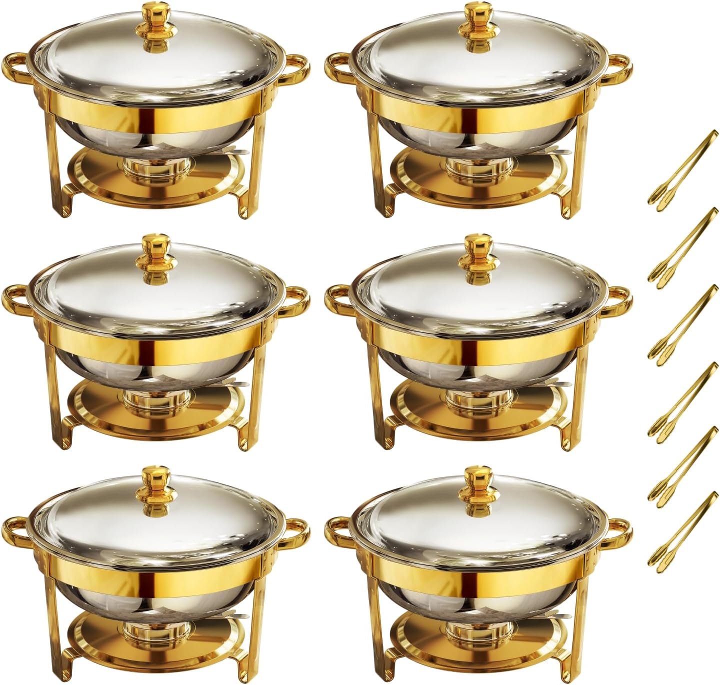 Gold Chafing Dishes for Buffet Set of 6, 5QT Round Chafing Dish Buffet Set, Chafer and Buffet Warmer Set, Stainless Steel Food Warmer for Parties Buffet, Party Food Warmer Buffet Set with Tongs 6 Pack-Full-Round