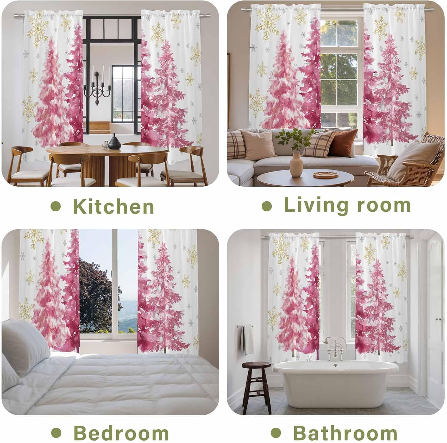 Pink Trees Christmas Window Curtains 72 Inch Long 2 Panel Set, Rod Pocket Long Curtains & Drapes, Xmas Tree Snowflake Winter Light Filtering Window Treatment for Bedroom Living Room 52"W x 72"L