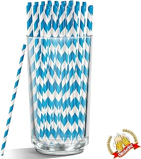 50 pajitas para Oktoberfest, color azul, pajita de papel a rayas azules y blancas, sin plástico y biodegradable, para Oktoberfest, cumpleaños, bodas