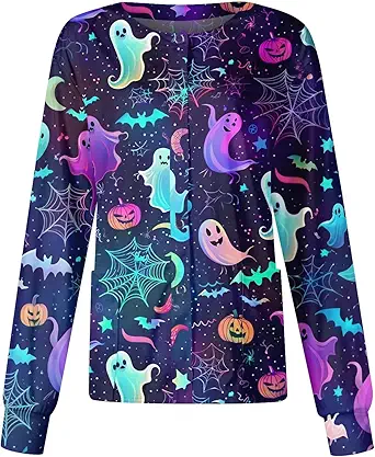 Printed Scrub Jackets for Woman Print Long Sleeve Plus Size Womens Scrubs for Women Nursing Jacket with Pockets