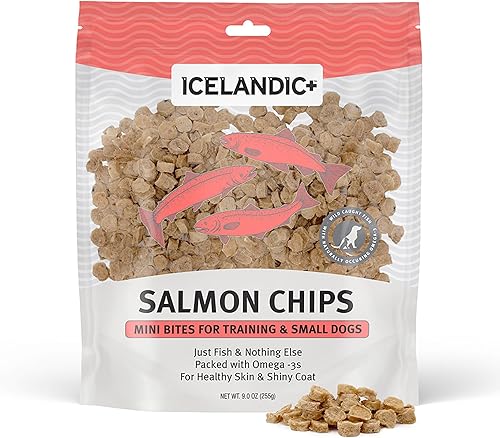 Icelandic+ Mini Fish Chips Salmón 9oz  Golosinas para perros, para entrenamiento y perros pequeños, 2 ingredientes secos al aire crujientes