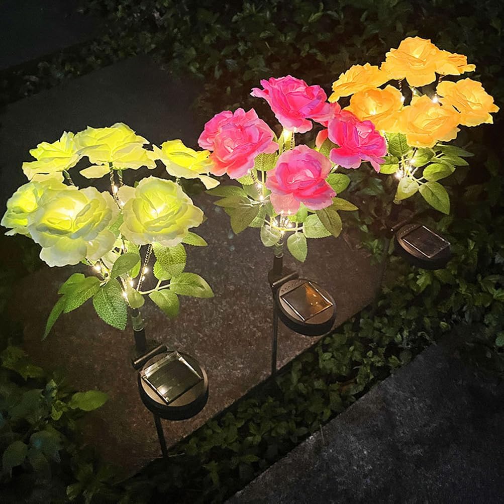 Aolyty Solar Garden Lights, 2 Pack Solar Rose Lights with 14 Rose Flowers, IP65 Waterproof LED Landscape Light Warm Light for Garden Patio Yard Pathway Valentines Day Outdoor Decorative (White)