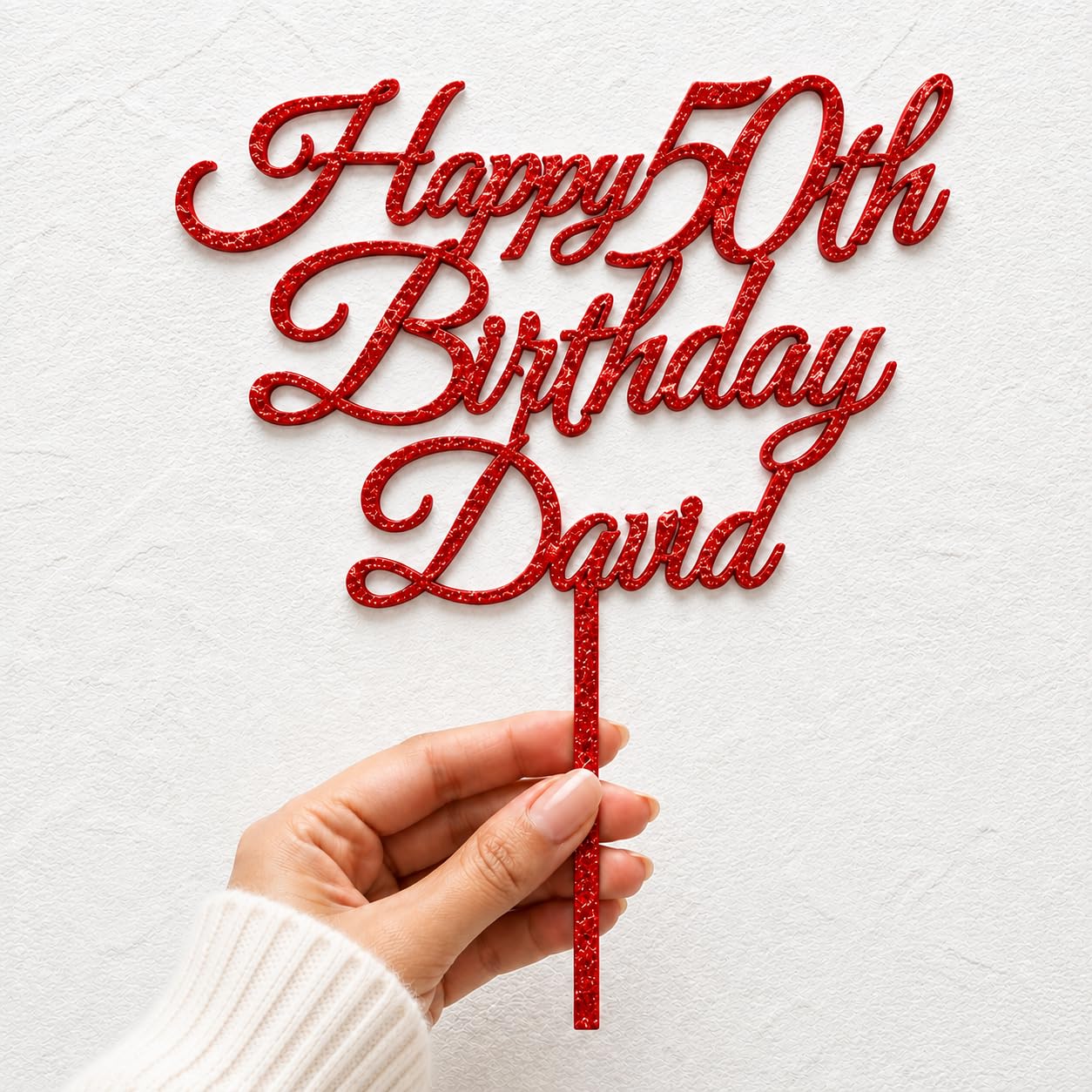 ZMR Personalised Cake Topper Custom Name Double Sided Glitter Birthday (RED)