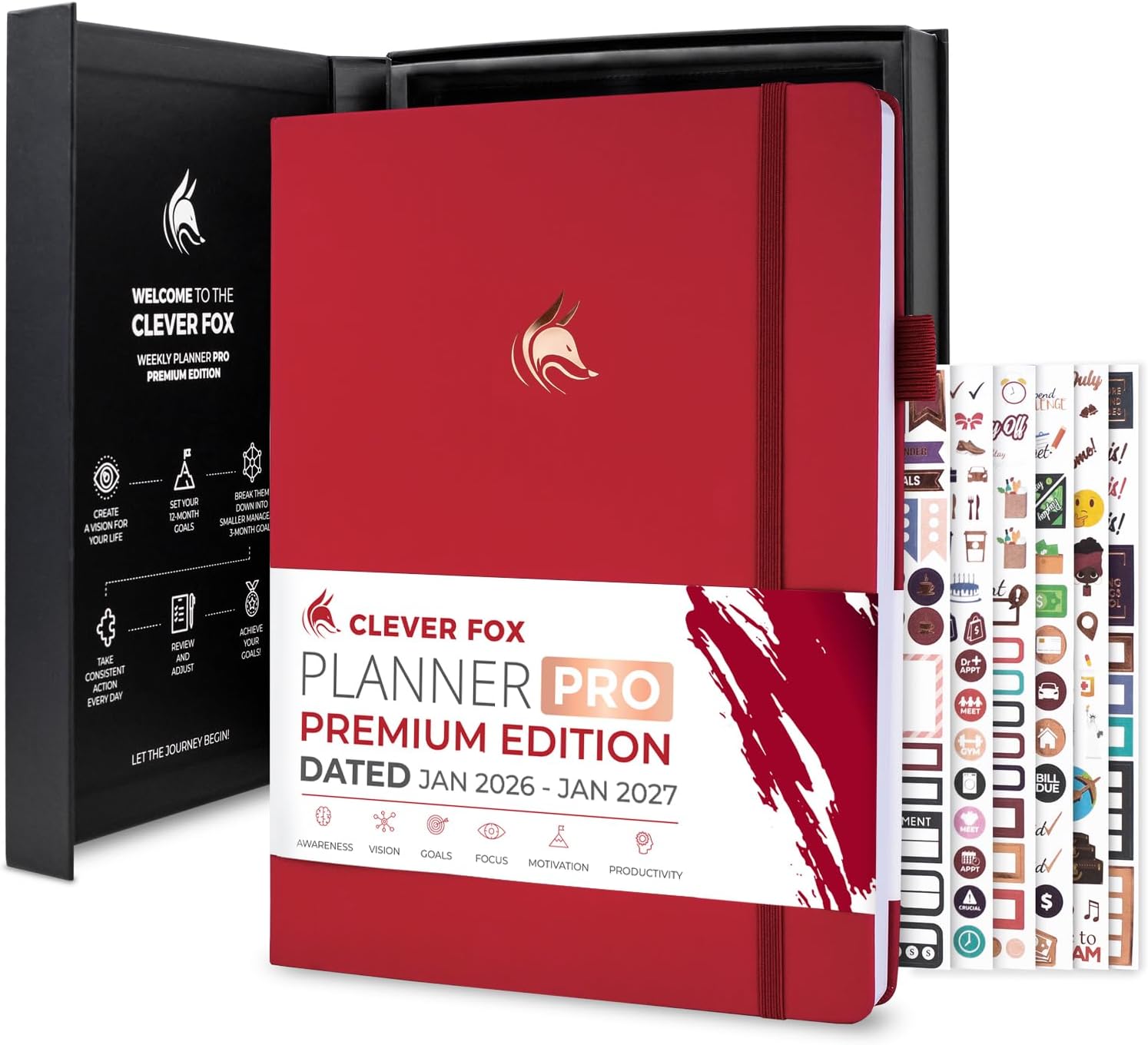 Clever Fox Planner PRO Premium Jan 2026-Jan 2027 – Luxurious Weekly, Monthly & Budget Agenda Organizer for Productivity & Reaching Goals, A4 Hardcover + Keepsake Box – Red
