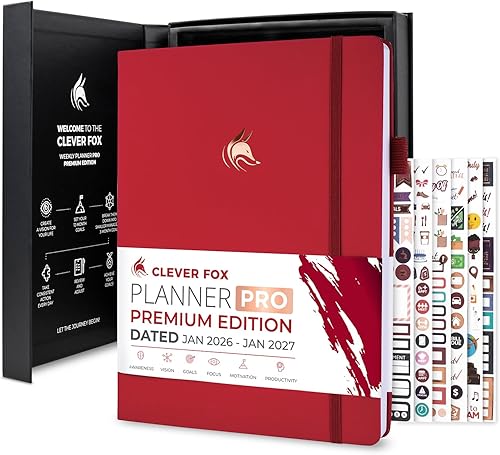 Clever Fox Planner PRO Premium Jan 2026-Jan 2027 – Luxurious Weekly, Monthly & Budget Agenda Organizer for Productivity & Reaching Goals, A4 Rojo