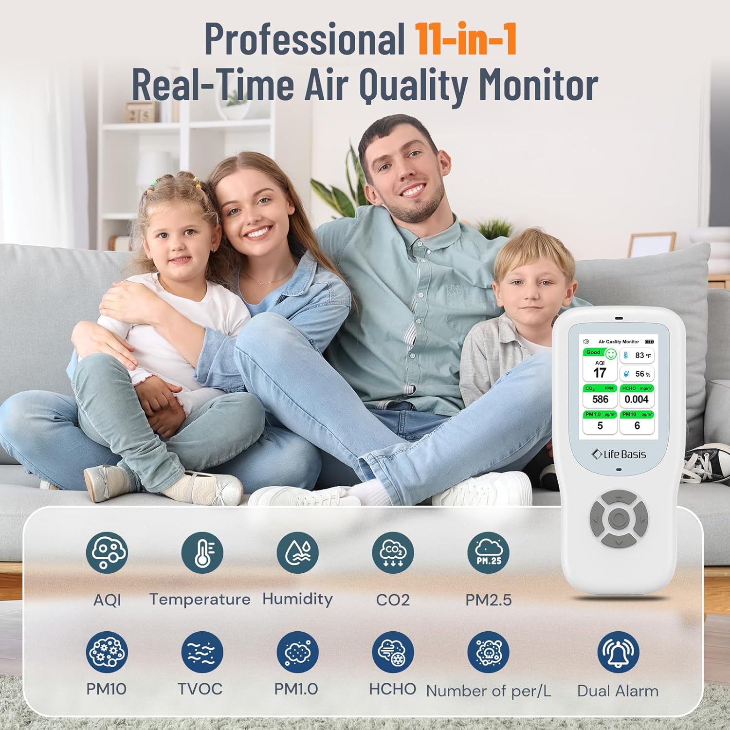 LifeBasis Air Quality Monitor Indoor, 10-in-1 Air Quality Detector with Stand, Real-Time Air Meter Test AQI, PM1.0, PM2.5, PM10, CO2, TVOC, HCHO, Particles, Temperature and Humidity with Alert -White