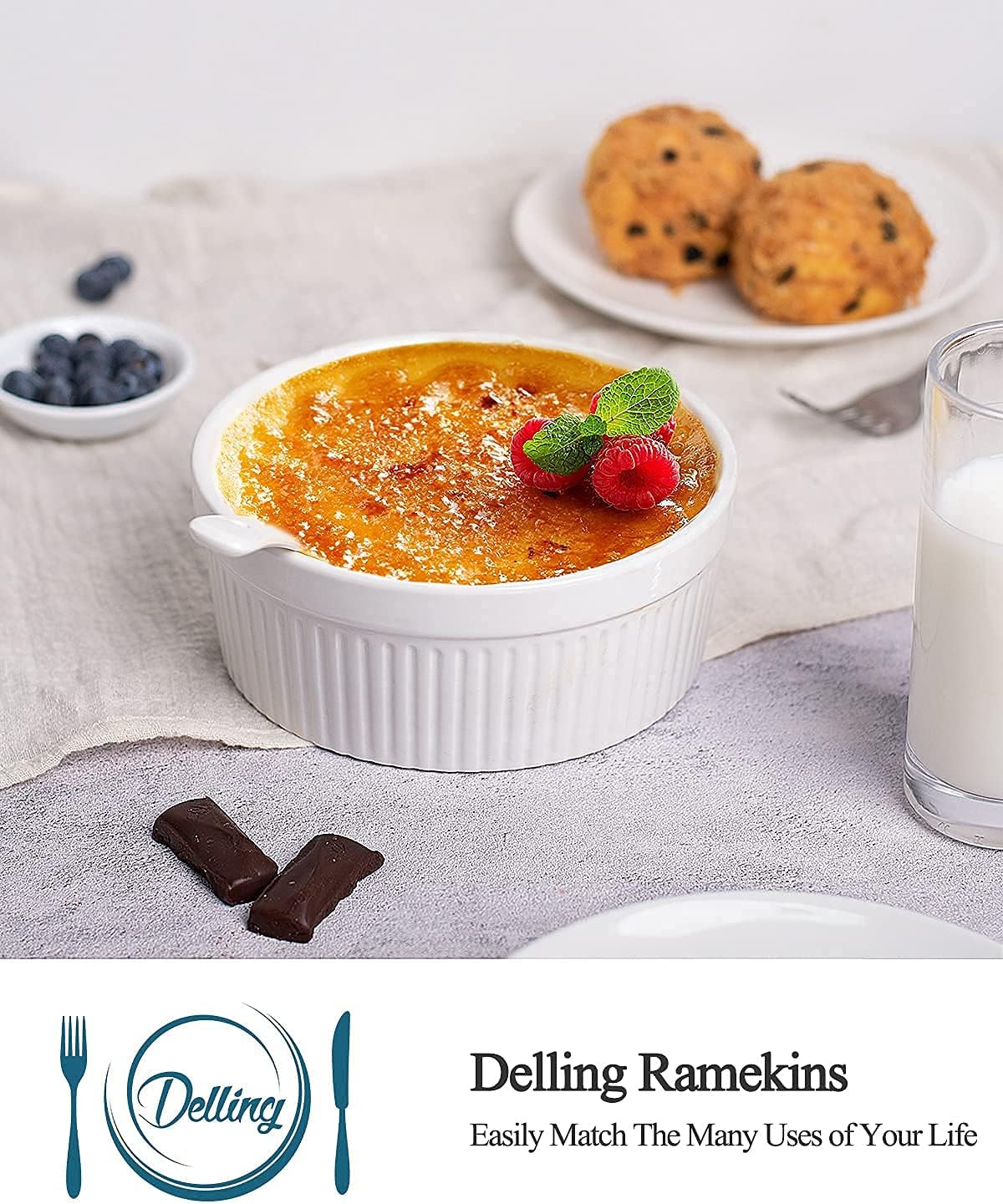 Delling 32 Oz Ramekins Oven Safe-Large Round Ramekins for Baking & 12 Oz Ramekins - Porcelain Souffle Dish for Dessert, Pudding, White