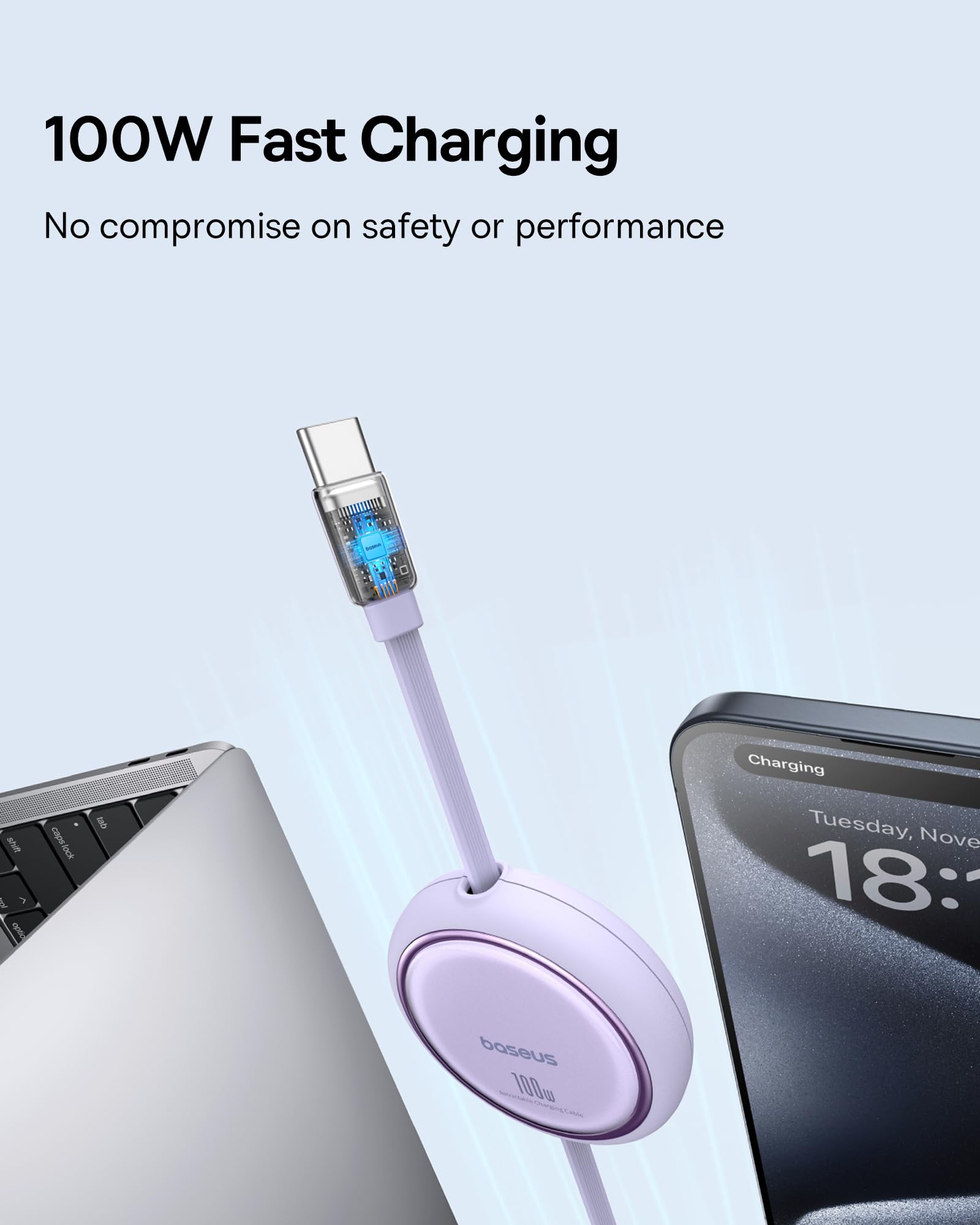 Baseus - Cavo USB C, 100 W, PD 5 A, QC 4.0 mini, retrattile, cavo di ricarica rapida da USB C a USB C, 4 lunghezze, per iPhone 15, Samsung, iPad, facile da riporre, portatile