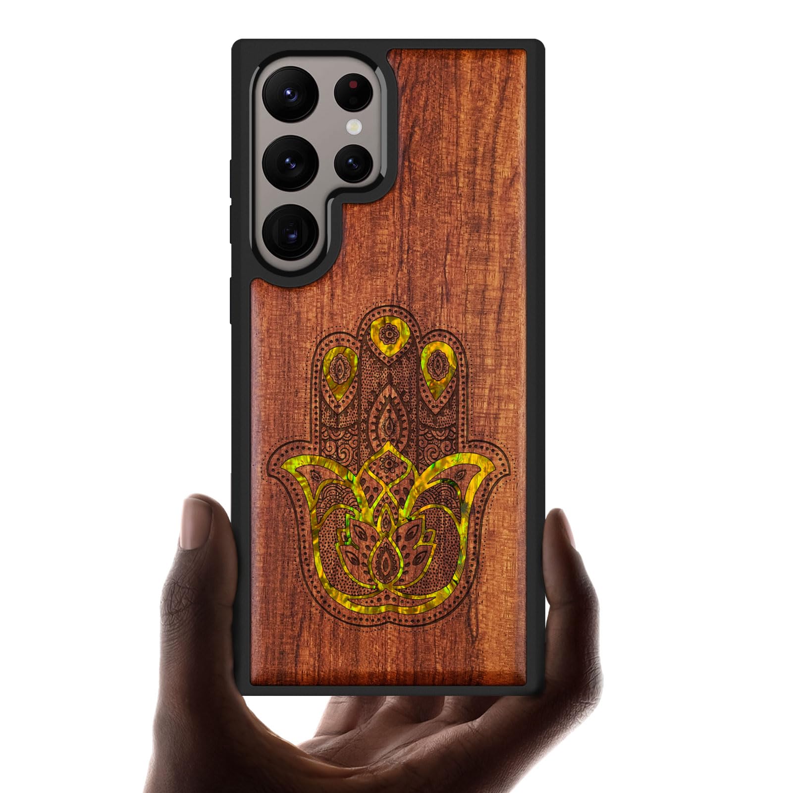 Coque pour Galaxy S24 Ultra étui bois Hamsa pour style unique au quotidien