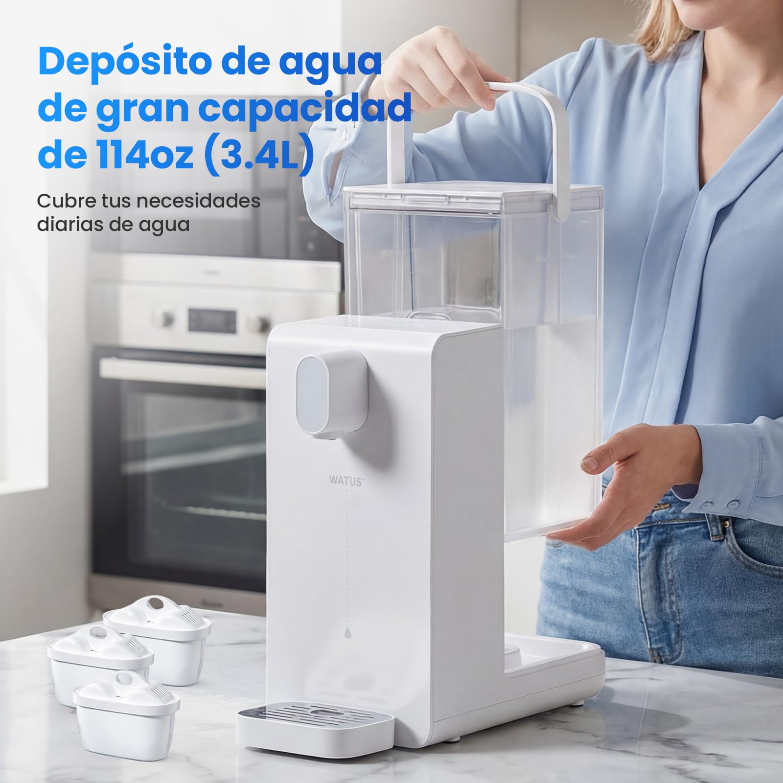 Dispensador de agua caliente, dispensador instantáneo con filtración y calefacción, 3 cartuchos filtrantes. Filtra el agua para reducir la piedra caliza, el cloro, el plomo.