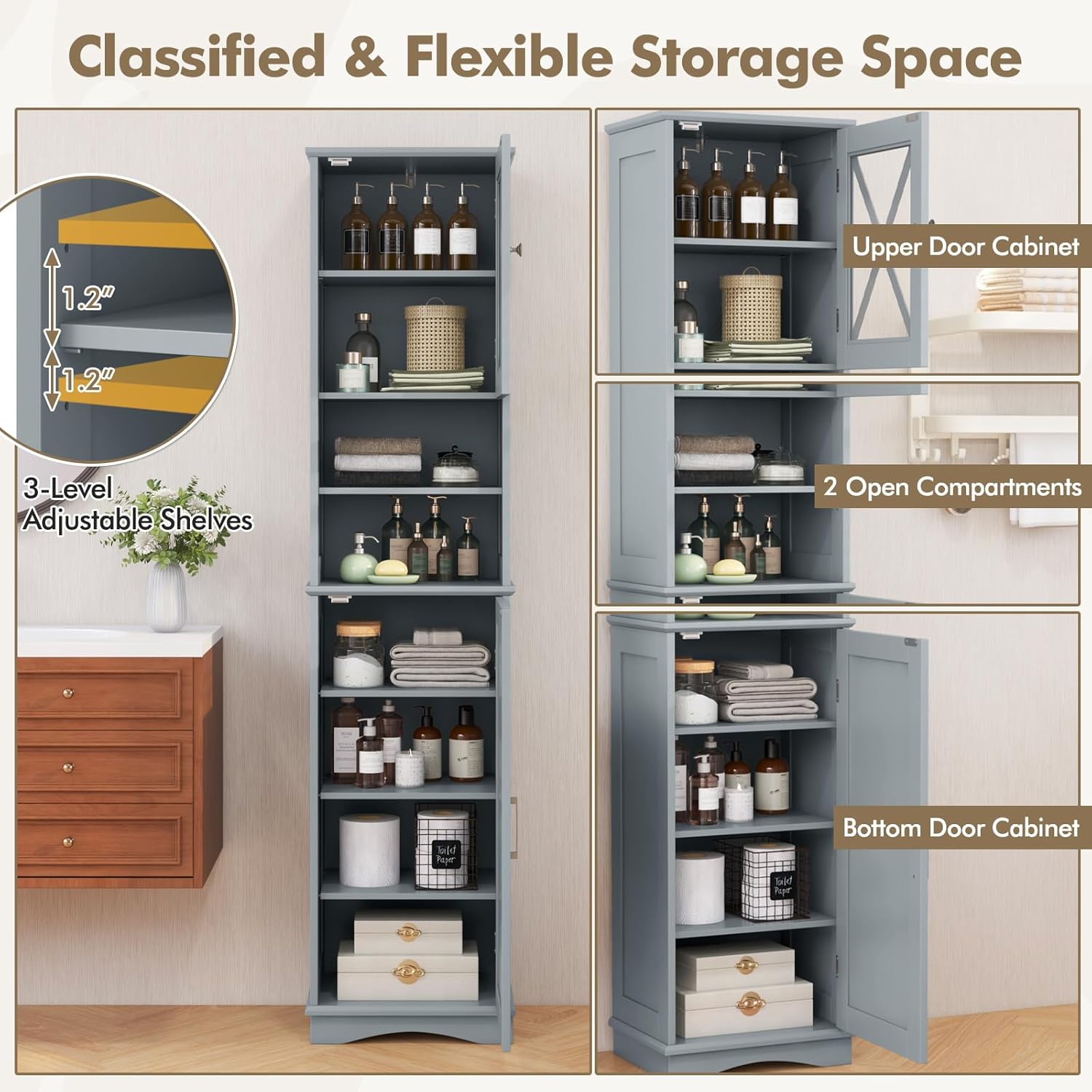Giantex 67" Tall Storage Cabinet, Bathroom Floor Cabinet with Acrylic Door, Adjustable Shelves, 2 Open Compartments, Bathroom Cabinet for Kitchen, Living Room, Dining Room, Office (Grey)