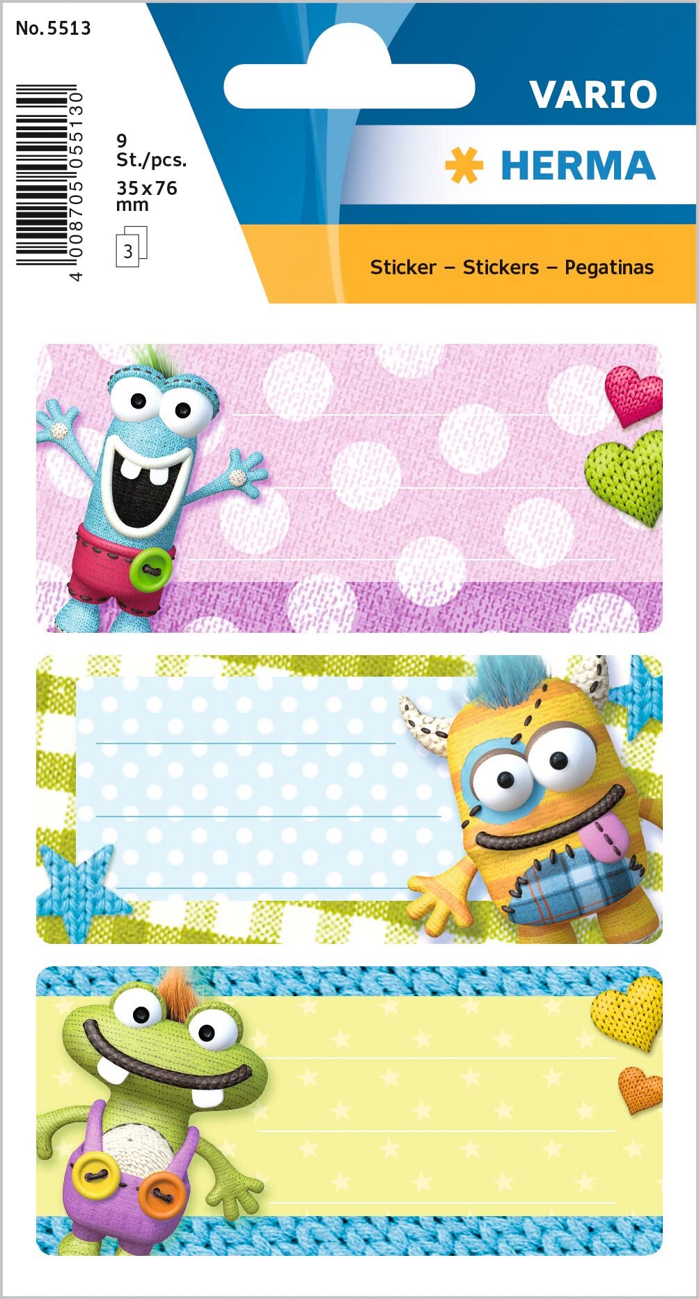 HERMA 5513 Buchetiketten zum Beschriften Kleine Monster, 9 Stück, 76 x 35 mm, selbstklebend, liniert, Buchaufkleber für Schule Kinder Mädchen Jungen, mehrfarbige Heftetiketten Aufkleber, bunt