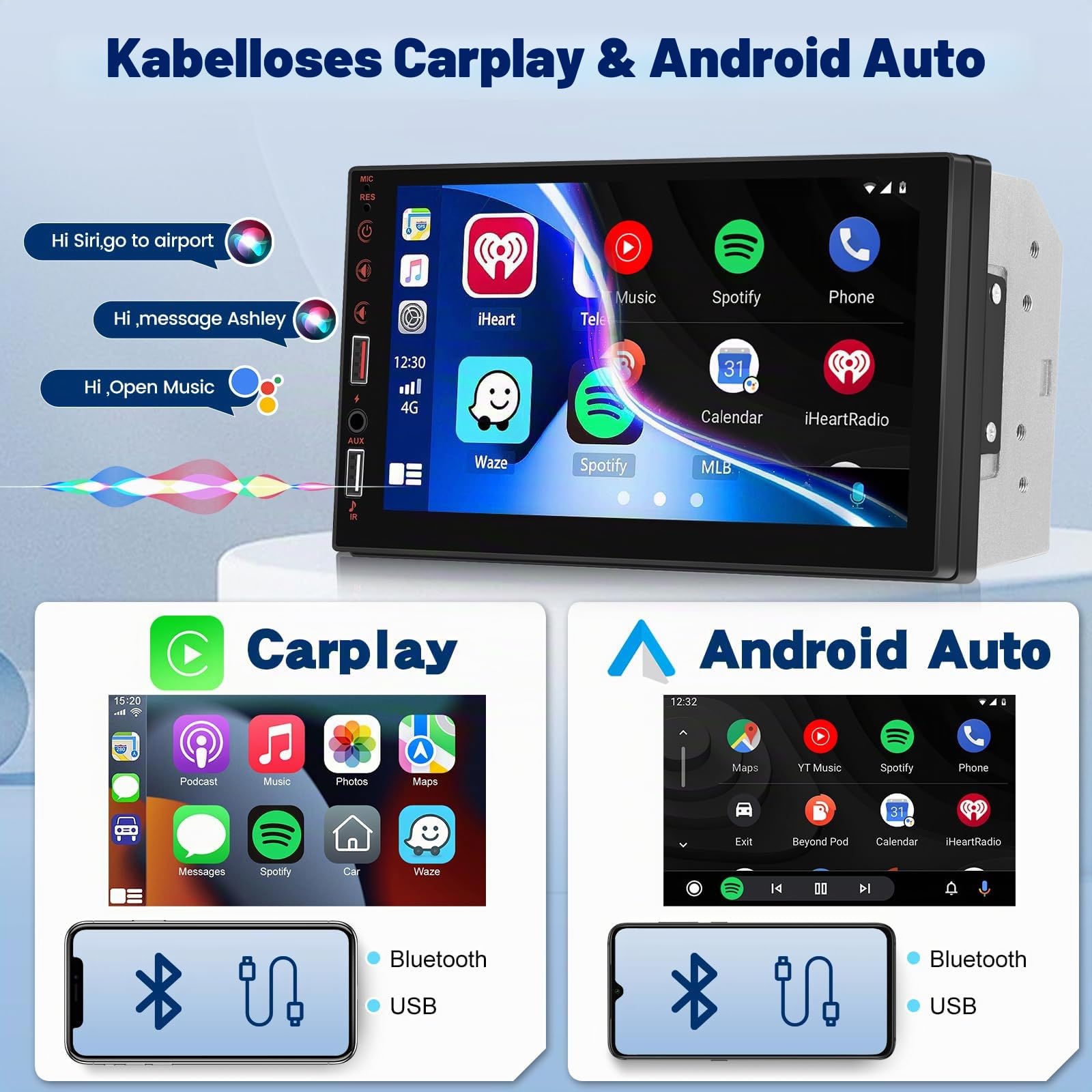 NHOPEEW Doppel Din autoradio Unterstützung Wireless Carplay und Android Auto - 7 Zoll Touchscreen Radio Unterstützung Mirror Link Lenkradsteuerung FM EQ USB-Anschlüsse + Rückfahrkamera