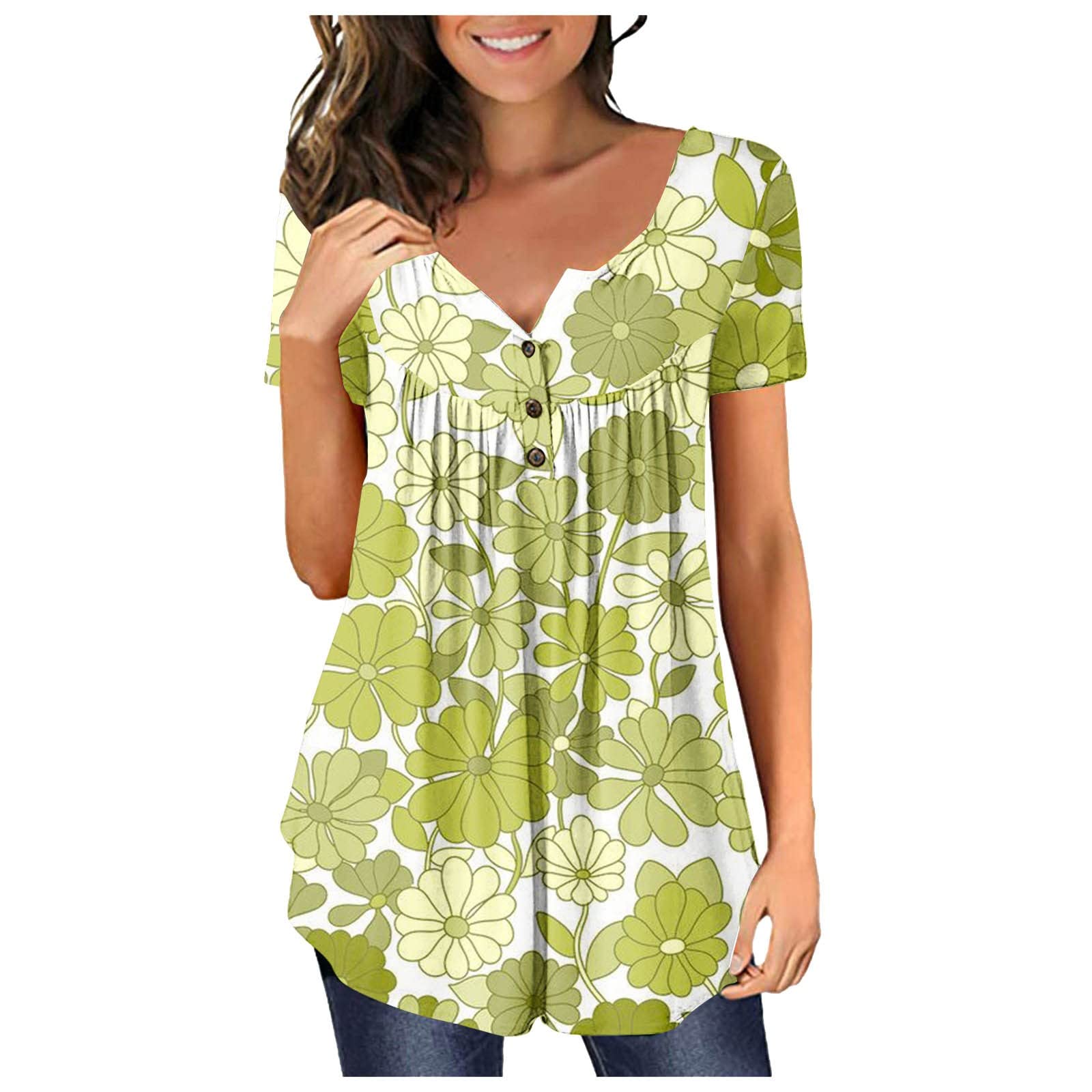 GenericWomen's St. Patrick's Day Printed Casual Tops Button Up Short Sleeve V Neck Henley T-Shirts Stitching Flowy Tunic Tee