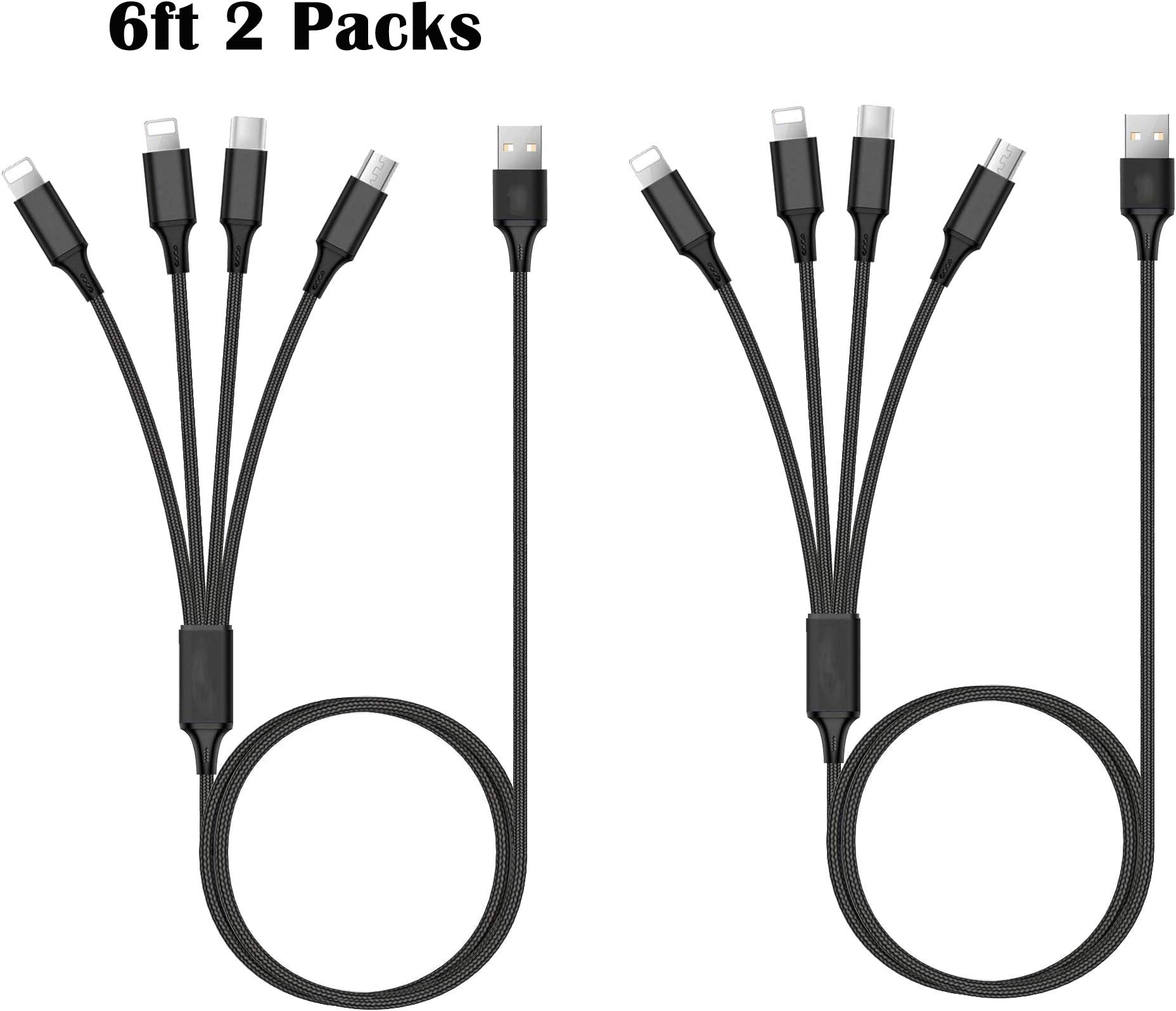 eLUUGIE 2 Packs 6ft 4 in 1 USB Cable Multi Charger Cable Braided Universal Multiple USB Charging Cord Adapter with IP Plug x2/Type C/Micro USB Port 4 Connectors for All Mobile Phones Tablets (Black)