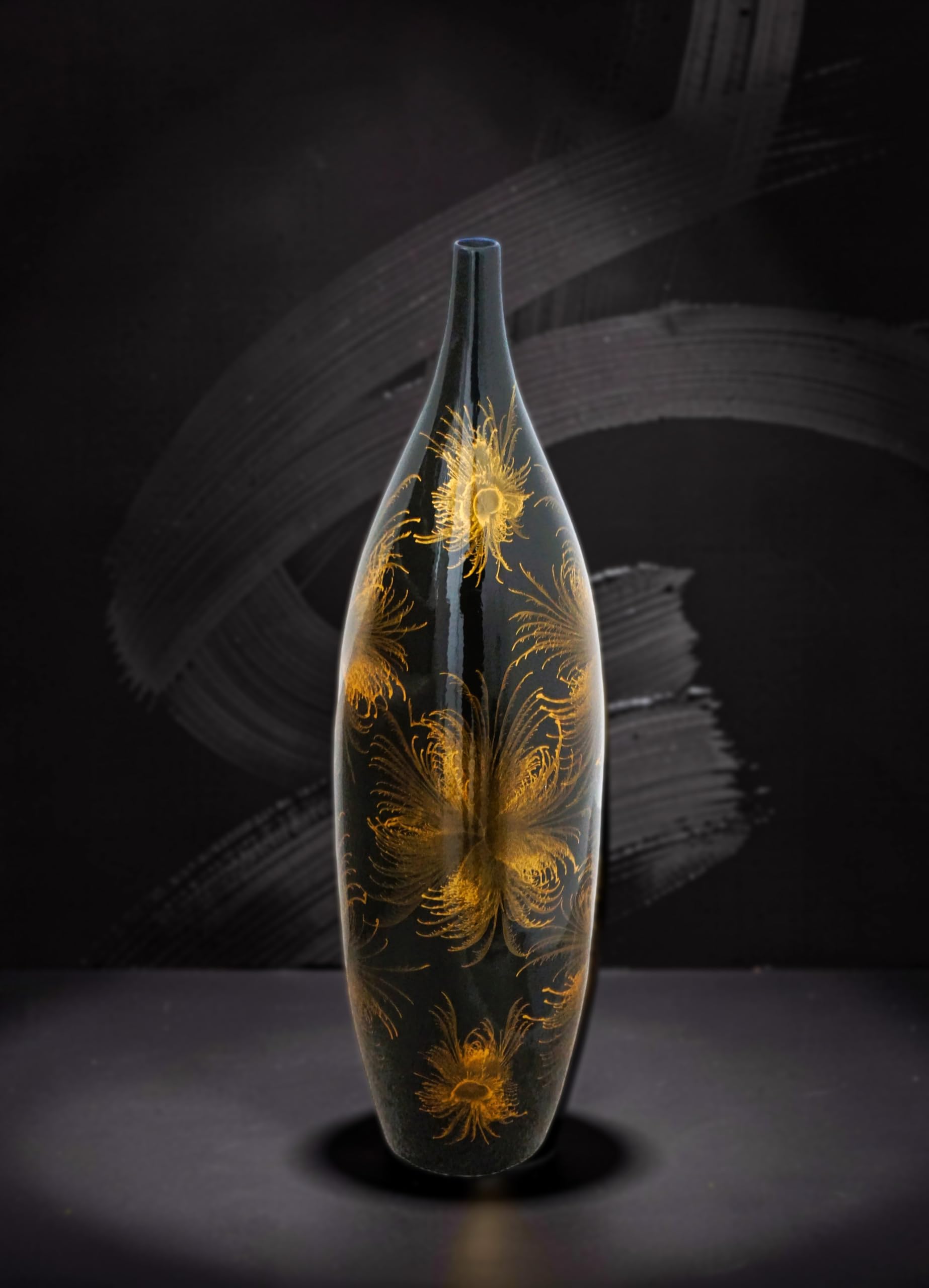 Elegante jarrón de cerámica negro con diseño de fuegos artificiales dorados, 51 cm, cuello estrecho, jarrón decorativo para sala de estar moderna decoración del hogar