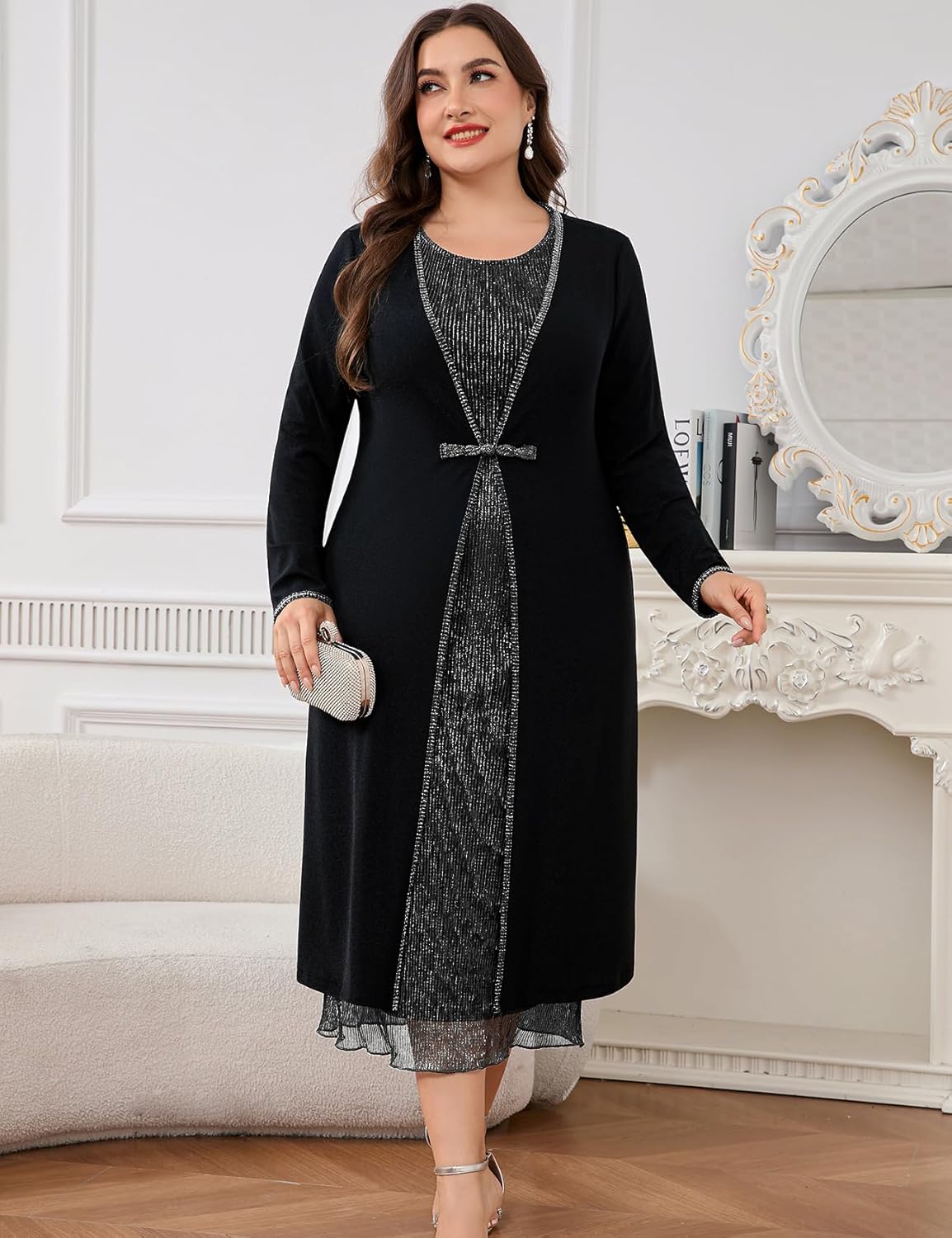 ZOMVA Plus Size 2 Pieces Mother of The Bride Sparkly Dress Set with Jacket Formal Wedding Guest Evening Elegant Outfit - Image 6