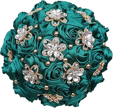 Sharebeauty 8.3" Handmade Satin Rose Bridal Bouquet Toss Round Wedding Bouquet Throw Toss Artificial Flower Bunch Dark Green