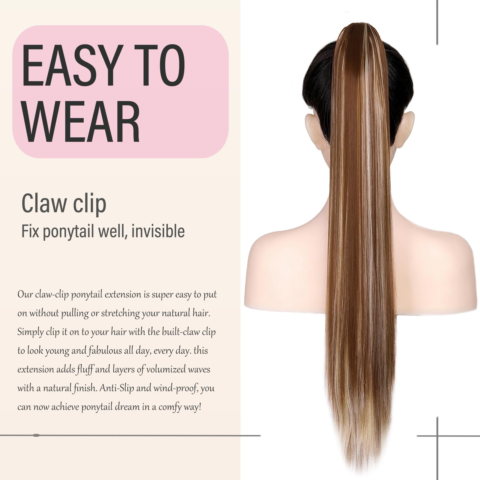 Dcbaboo 22inch Claw Clip in Ponytail Hair Extensions Long Straight Ponytail Extension Synthetic Pony tails Natural Wave One Piece Hairpiece Fake Ponytail for Women Golden Brown&Bleach Blonde - Image 4