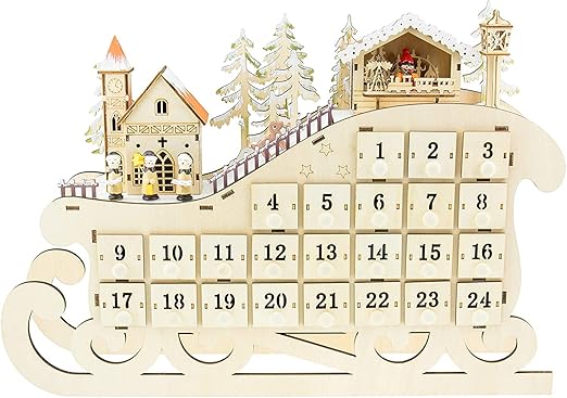 Clever Creations Wooden Christmas Advent Calendar, Countdown to Christmas, LED Holiday Decoration, Battery Operated, Sleigh