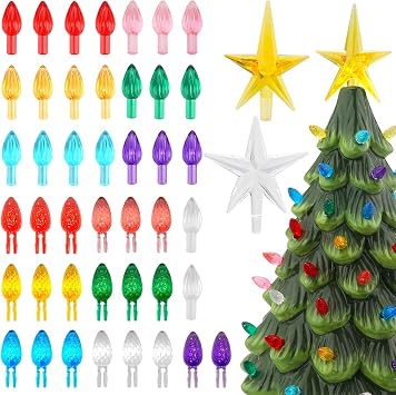 Multicolor Ceramic Christmas Tree Replacement Light Bulbs Set, 84Pcs Medium Twist Light Ornaments, 2Pcs Topper Stars