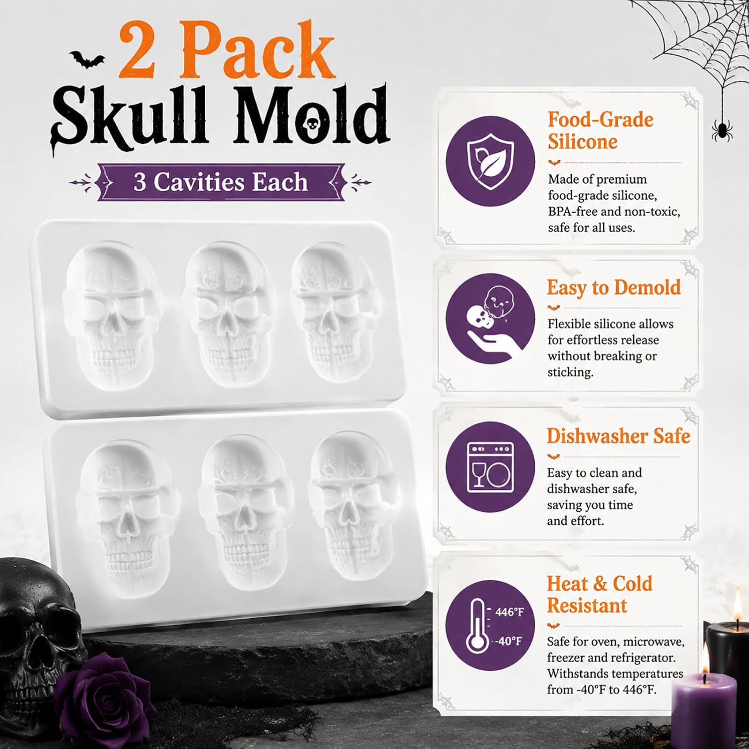 2 Pack 3D Skull Silicone Molds for Resin Candle Soap Clay&Wax DIY Crafts image 3