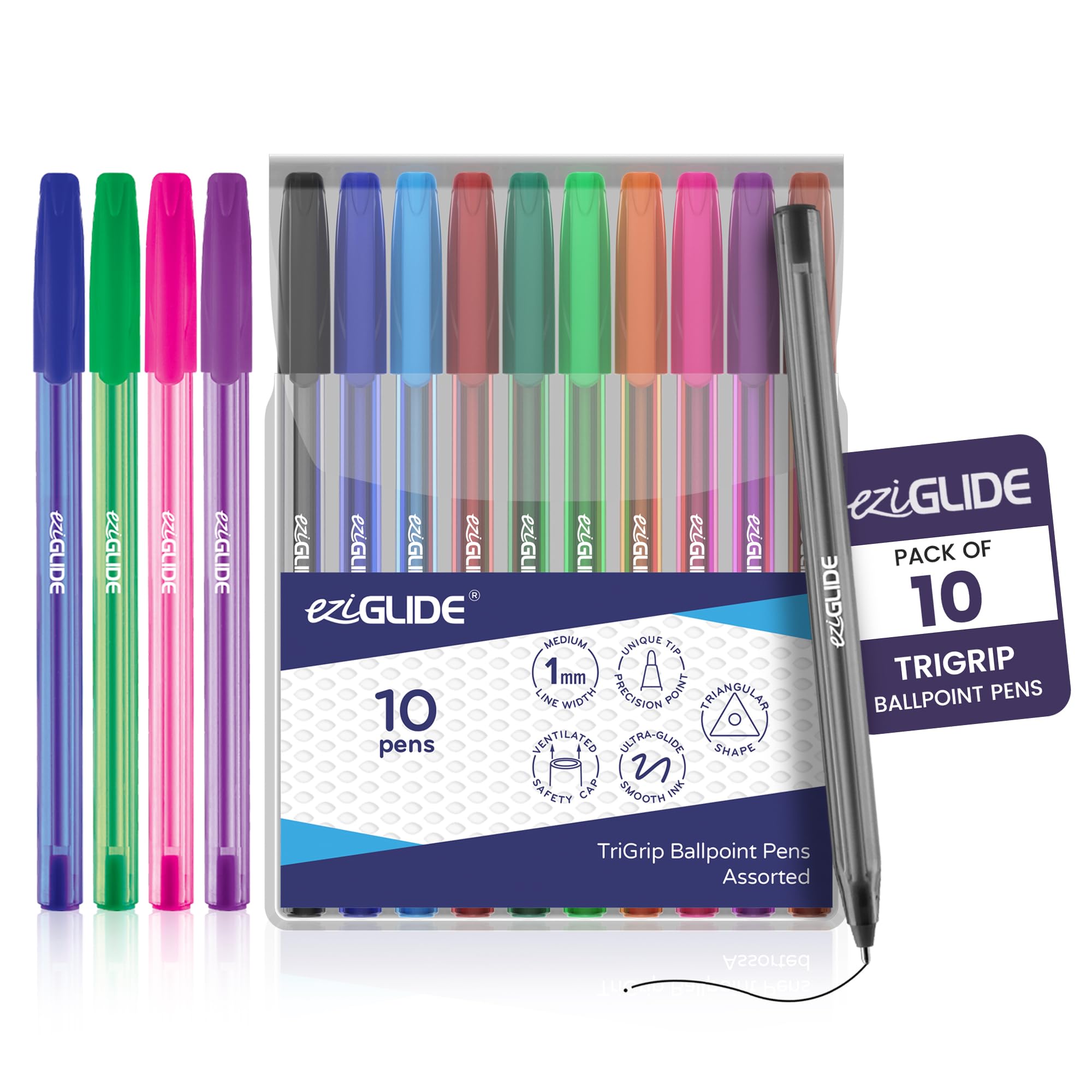 Eziglide TriGrip Ballpoint Pens Assorted 10 Pack, 10 Vibrant Colours, Medium Point Nib (1.0mm) for Precise Writing & Triangular Grip โ Writing Pens for Home, Office, Teachers, Exams, Work & more