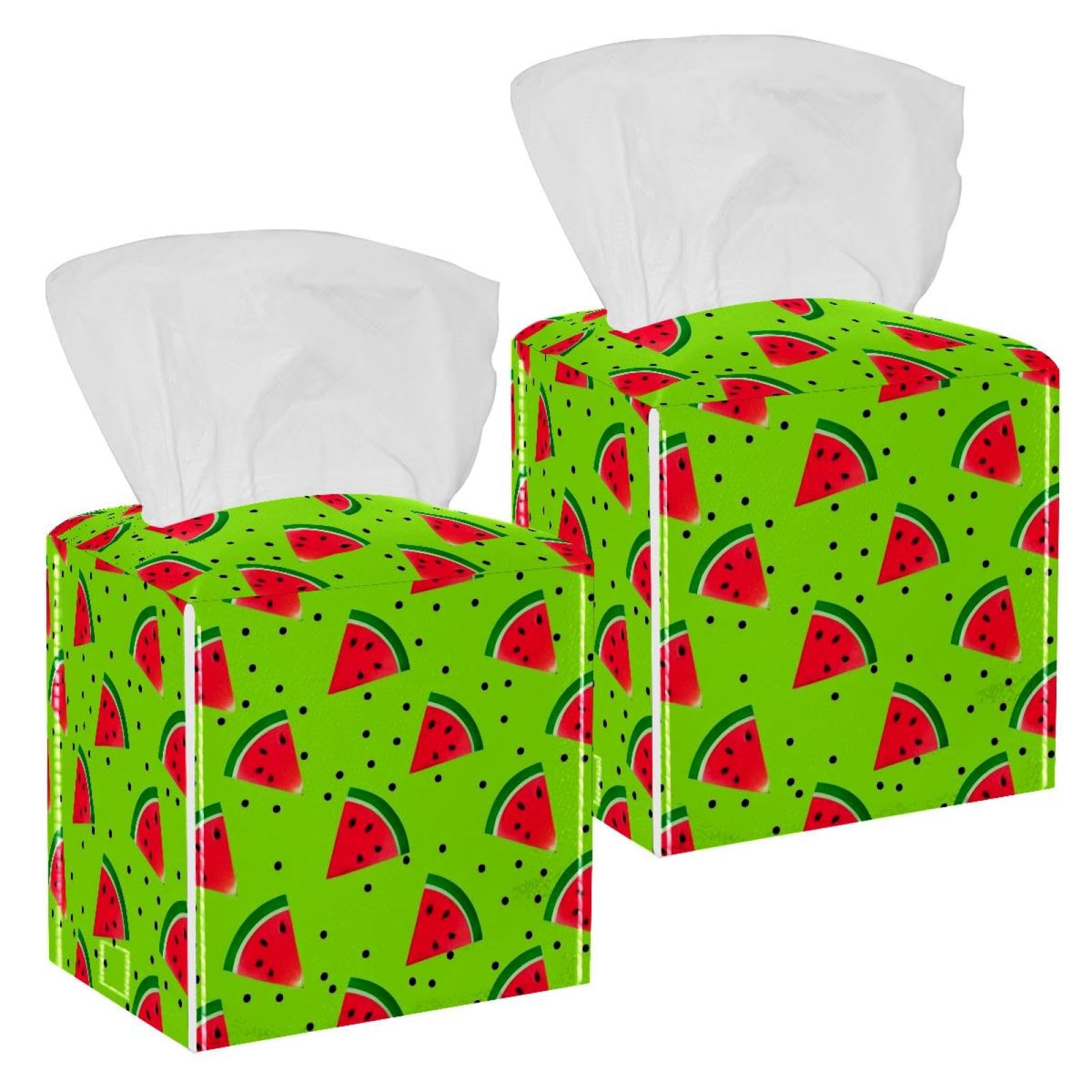 Watermelon Tissue Box Cover, 2 Pack PU Leather Square Facial Tissue Dispenser Box holder for Home Office Car
