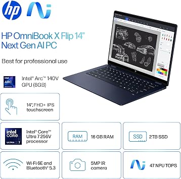 HP OmniBook X Flip x360 2-in-1 Touchscreen Laptop (14 FHD+, Intel Core Ultra 7 256V, 16GB 8533 MT/s RAM, 2TB SSD, Arc 140v GPU (8GB)) AI Copilot+ PC for Designer, Creator, 5MP IR Webcam, Win 11 Pro