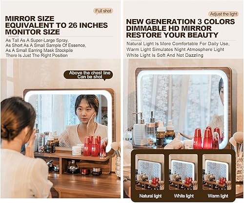 Miniatura 5 de Tocador con espejo de luces, escritorio de maquillaje de madera con taburete acolchado, moderno escritorio de tocador para dormitorio con taburete