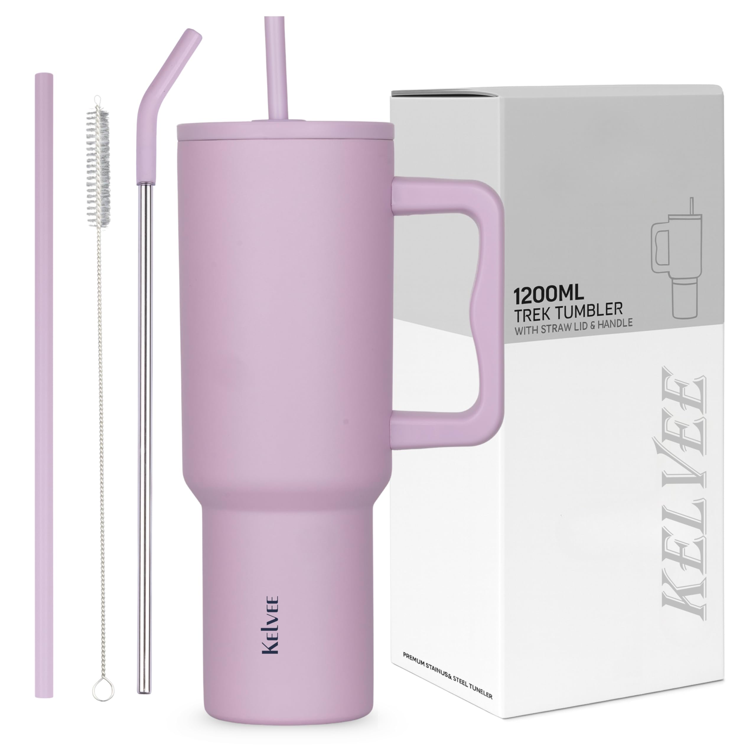 KELVEE 40oz Tumbler with Handle and Straw Lid, Reusable Cup Leakproof Iced Coffee Sipper Mug for Keeping Beverages Water Perfect for Travel, Gym 1.2L (Purple)