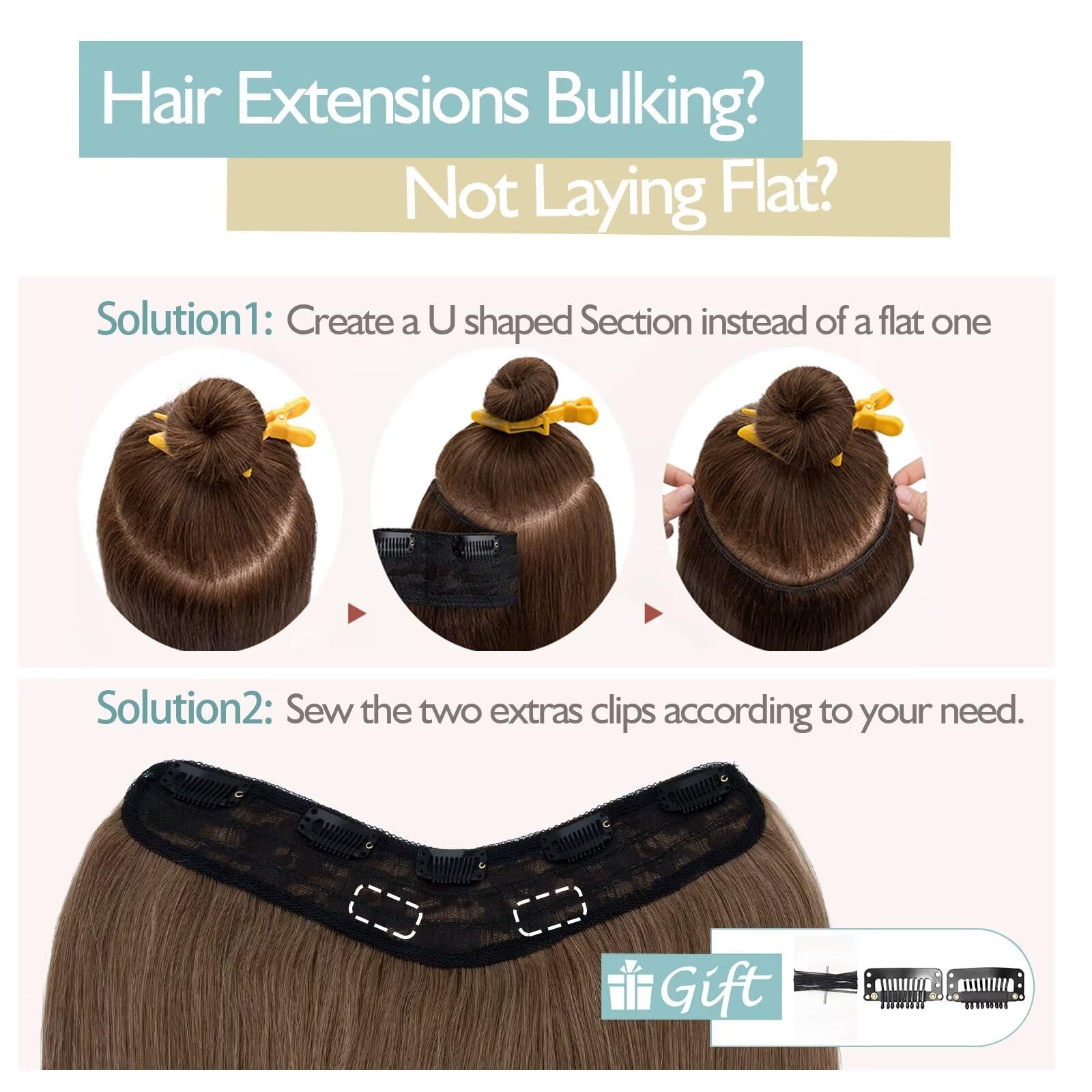 TESS Clip in Extensions Echthaar Schwarz 55 cm, Ein Stück U-Förmige Clip in Echthaar Haarverlängerung 5 Clips Remy Haar Extensions 75 g #1B Naturschwarz Extensions Clip in Echthaar
